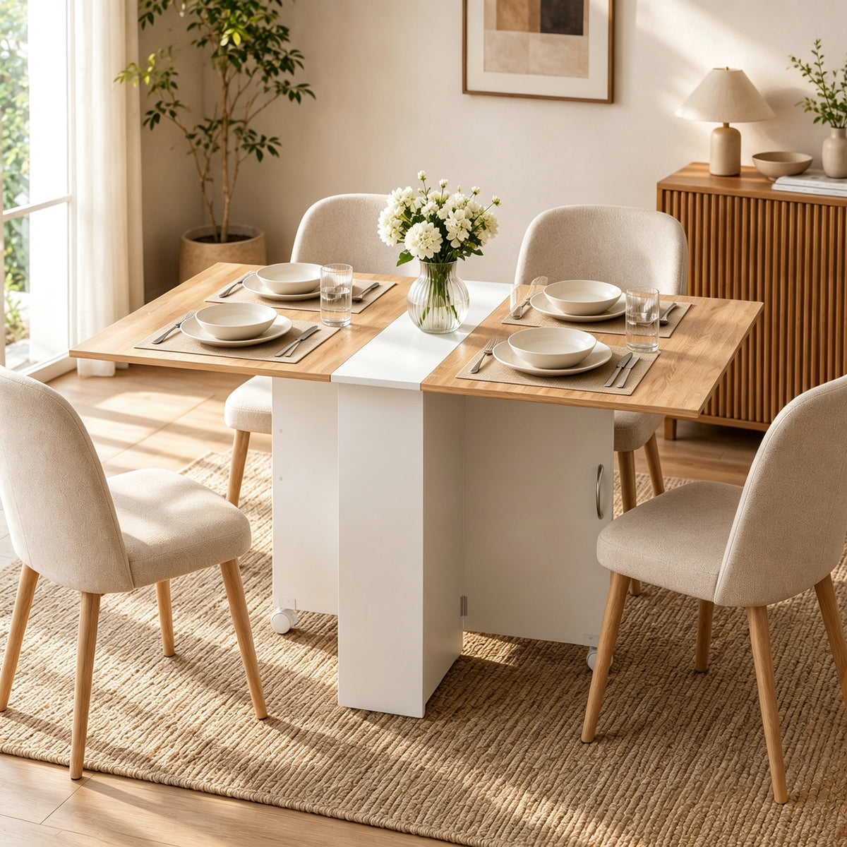 Folding Dining Table, Drop Leaf Table with 2-Tier Shelves, Rolling Casters, for Small Spaces, Kitchen, White and Natural