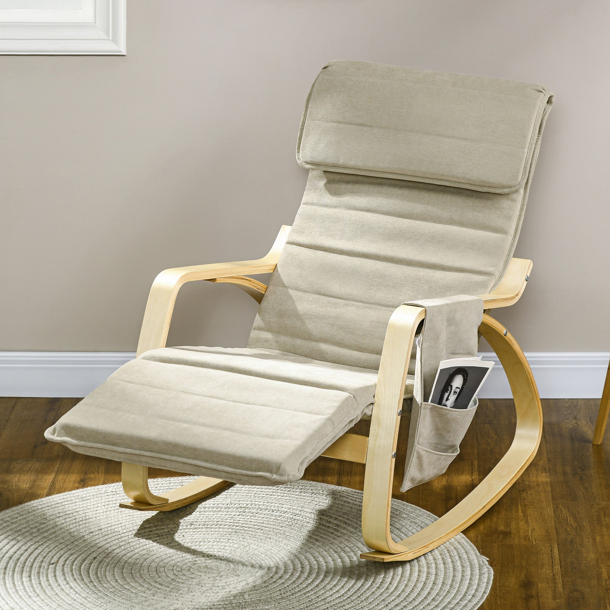 HOMCOM Rocking Lounge Chair Recliner Relaxation Lounging Relaxing Seat with Adjustable Footrest, Side Pocket and Pillow, Khaki