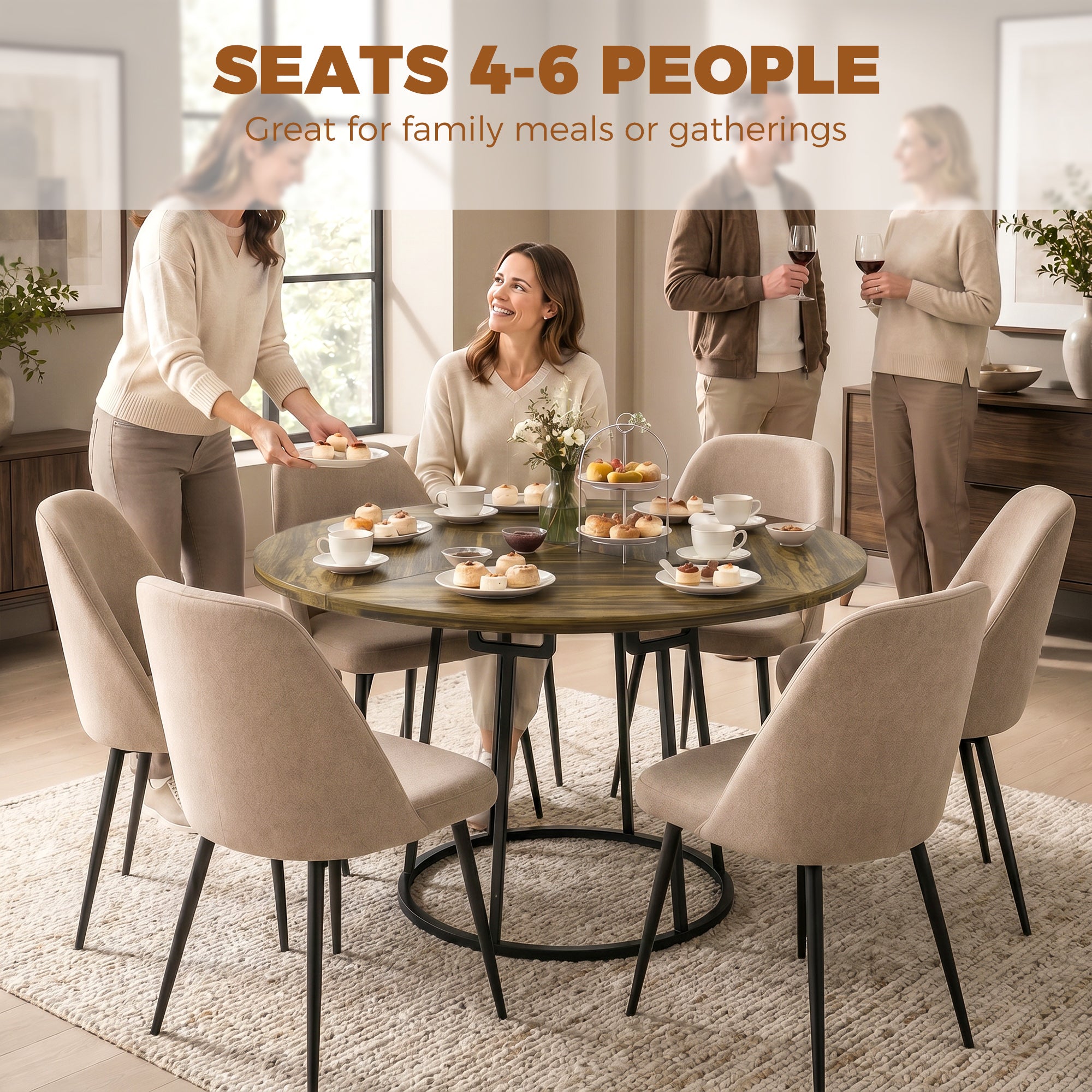 Modern Industrial Dining Table for 4-6 People, 120 cm Round Kitchen Table with Spliced Top and Conical Metal Base for Dining Room, Kitchen, Living Room, Rustic Brown