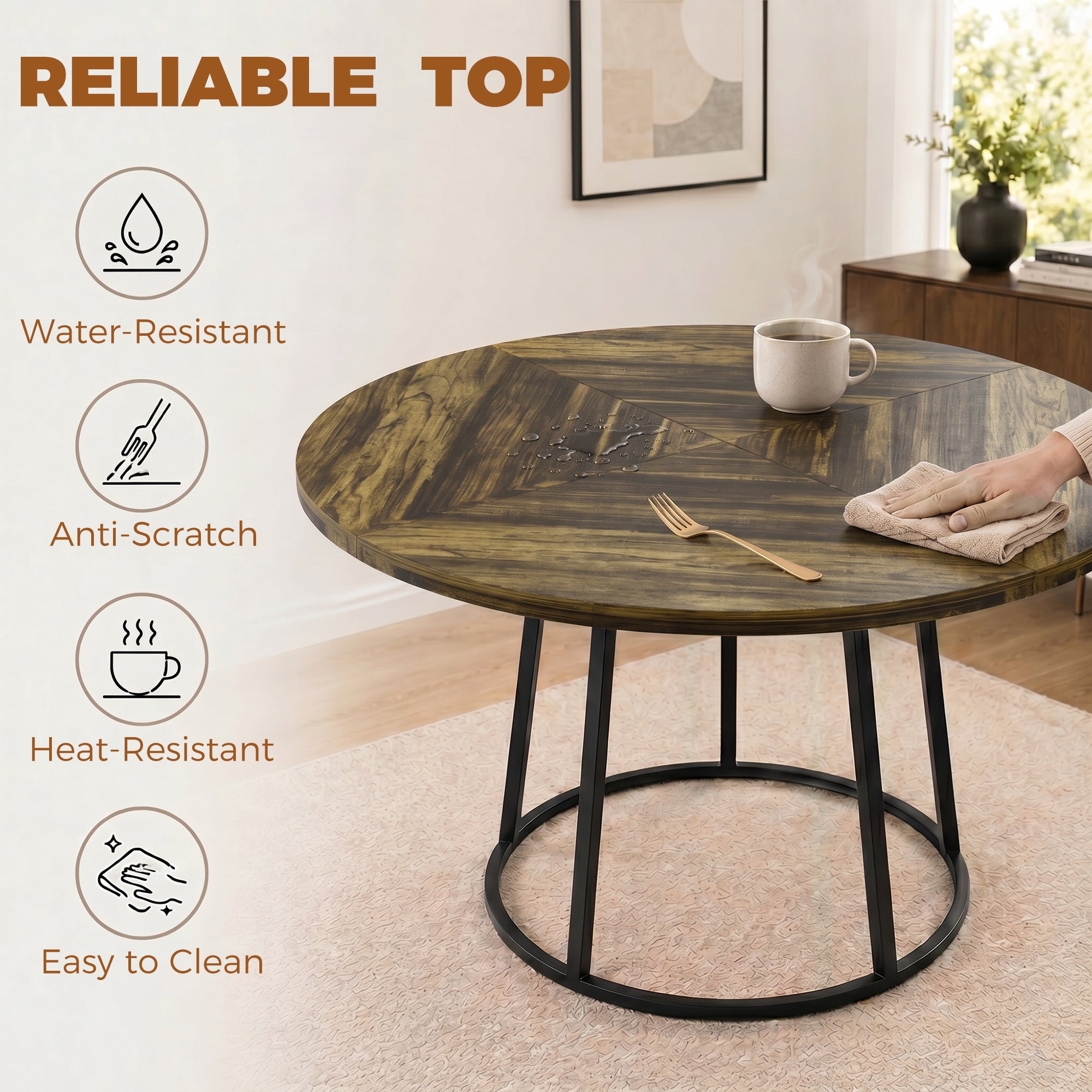 Modern Industrial Dining Table for 4-6 People, 120 cm Round Kitchen Table with Spliced Top and Conical Metal Base for Dining Room, Kitchen, Living Room, Rustic Brown
