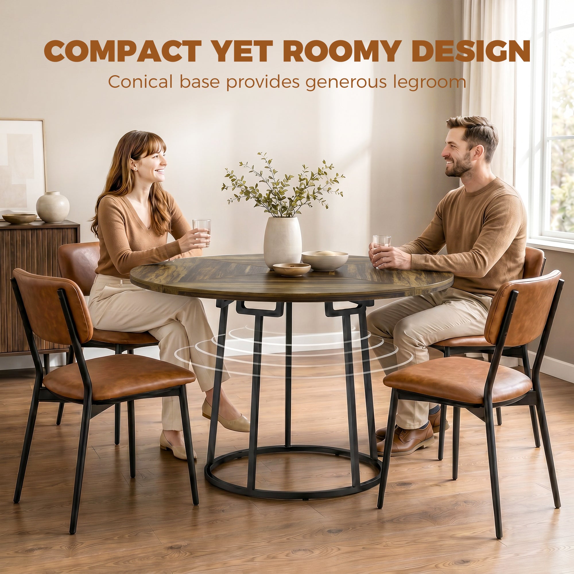 Modern Industrial Dining Table for 4-6 People, 120 cm Round Kitchen Table with Spliced Top and Conical Metal Base for Dining Room, Kitchen, Living Room, Rustic Brown