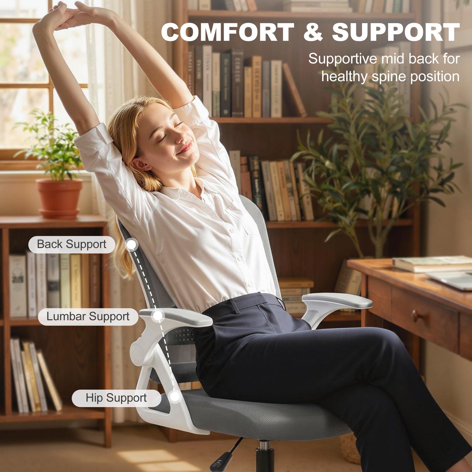 Drafting Chair, Mesh Standing Desk Chair with Flip-up Armrests, Adjustable Height and Footrest, Lumbar Support, Rolling Wheels for Home Office, Grey