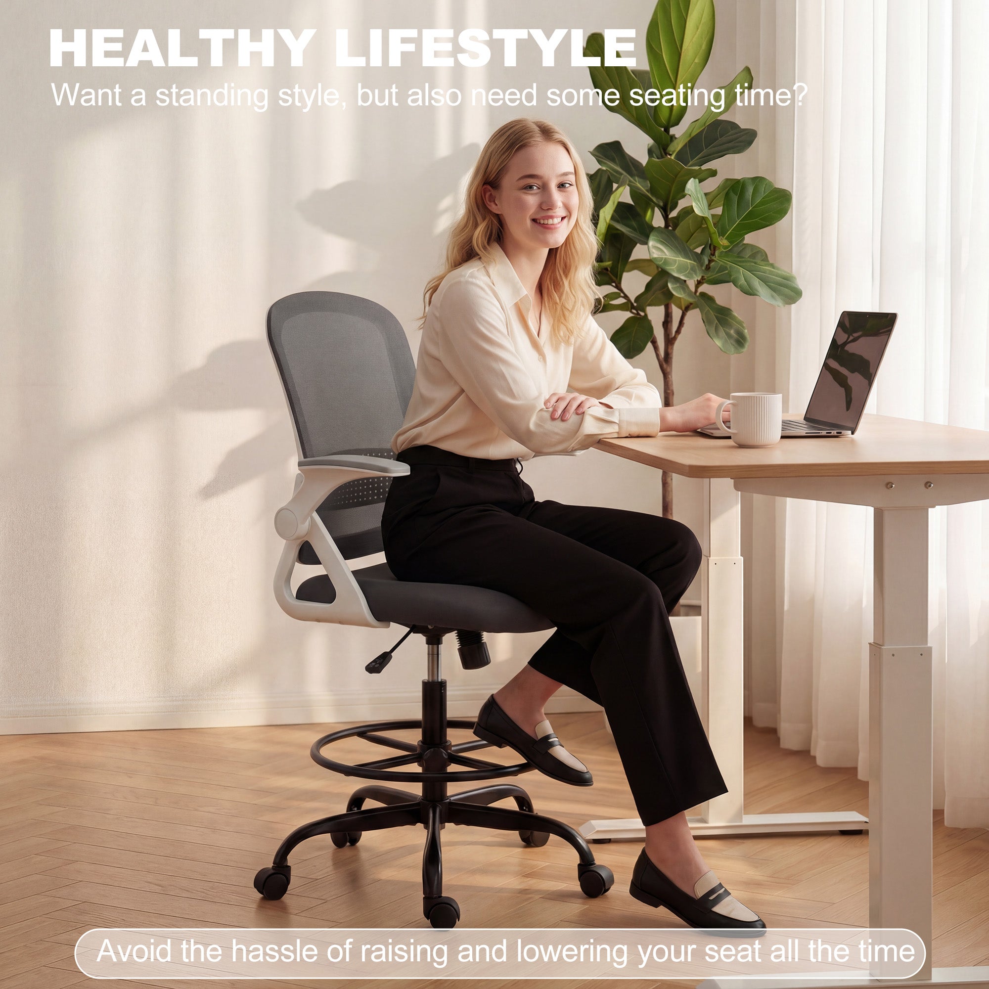 Drafting Chair, Mesh Standing Desk Chair with Flip-up Armrests, Adjustable Height and Footrest, Lumbar Support, Rolling Wheels for Home Office, Grey