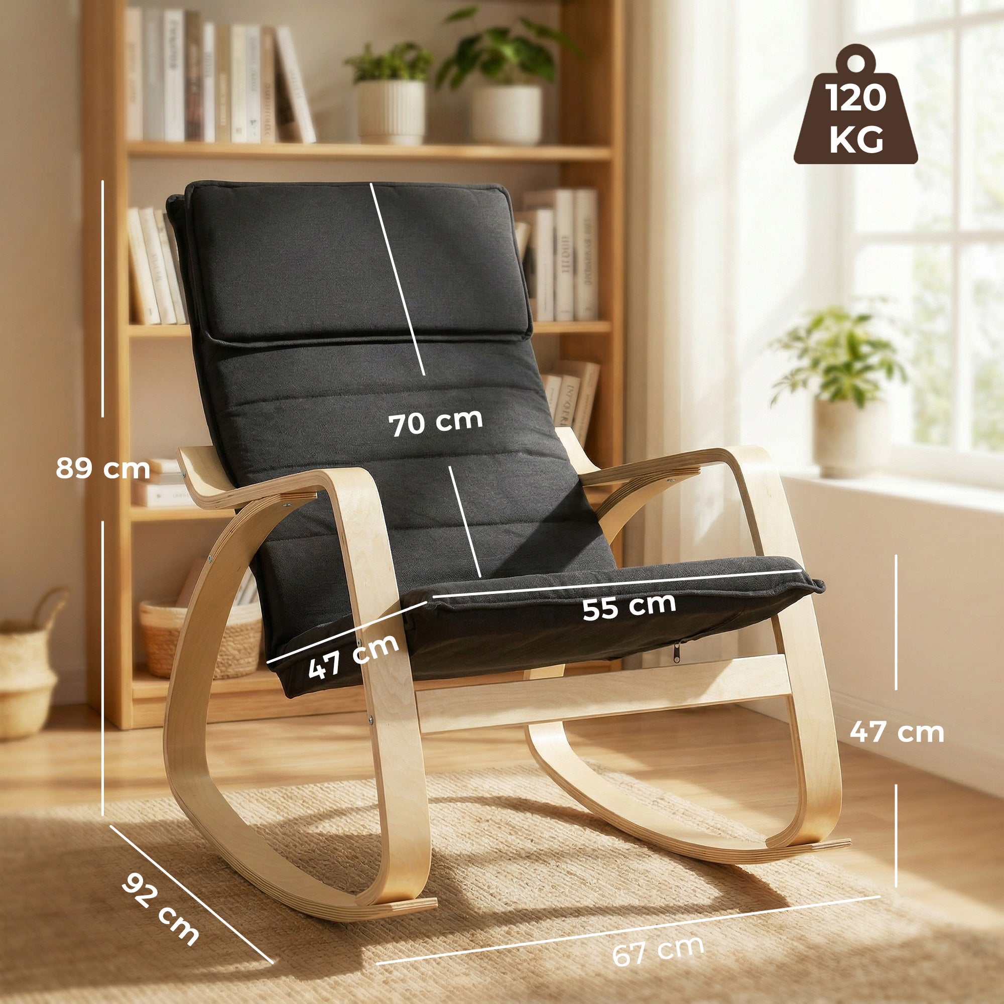 Comfortable Relax Rocking Chair, Upholstered Lounge Chair with High Back and Headrest for Living Room, Bedroom, Black