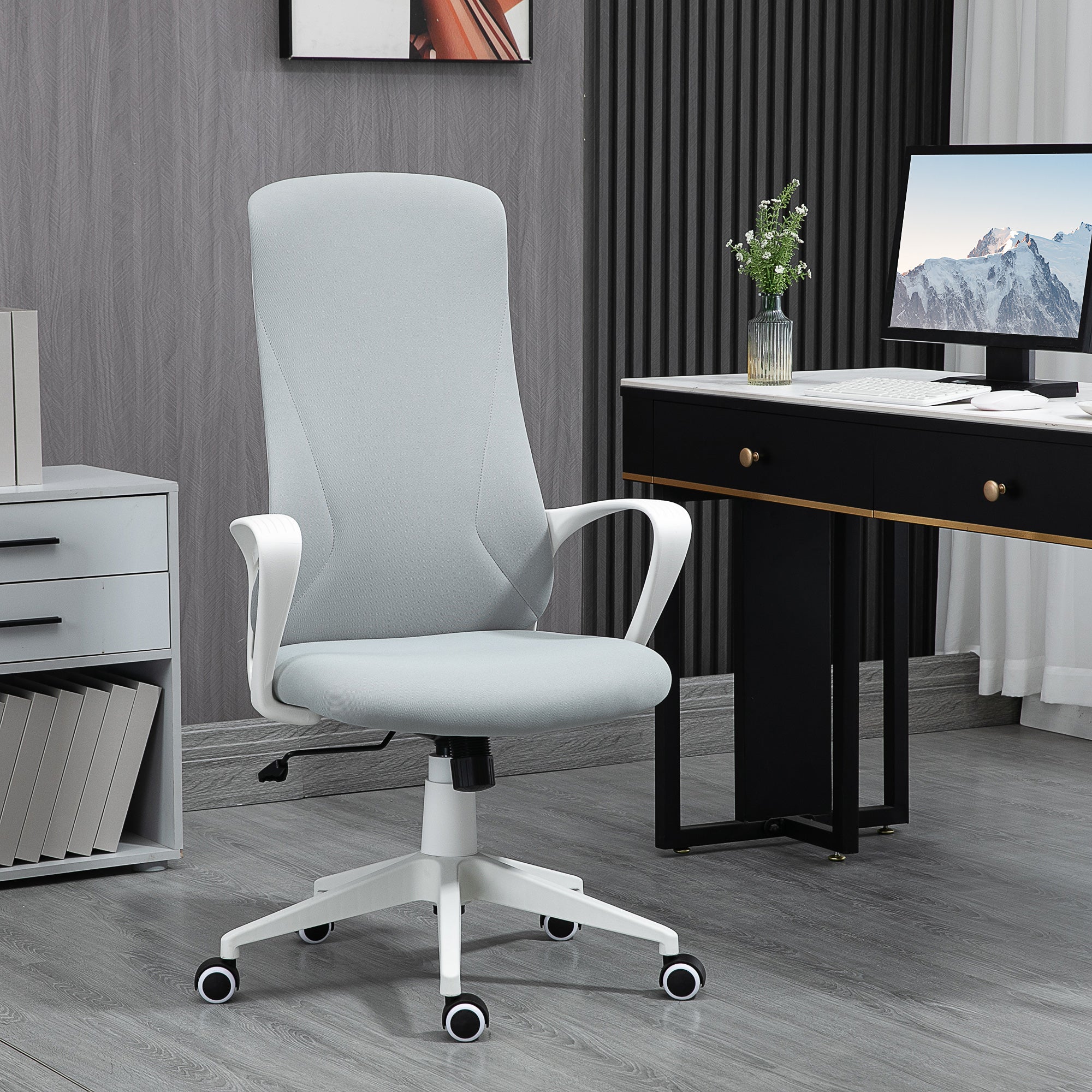 Vinsetto High Back Office Chair, Fabric Desk Chair with Armrests, Adjustable Height, Swivel Wheels, Light Grey