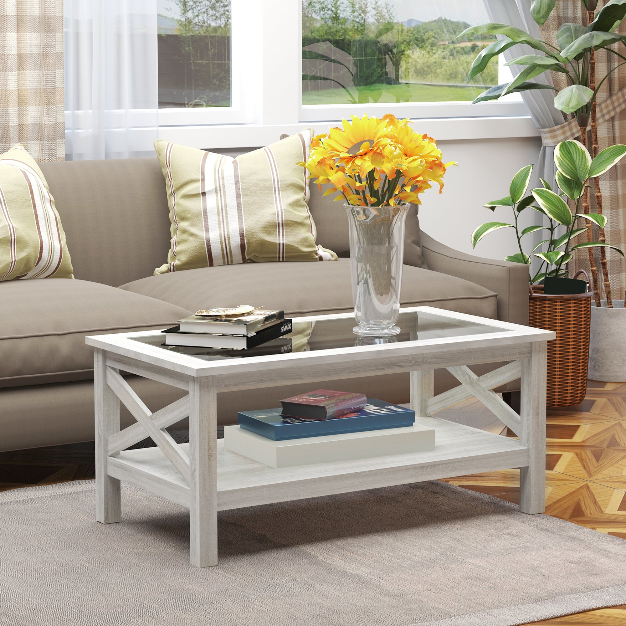 Coffee Table with Tempered Glass Tabletop, Living Room Table with Wood Frame and Underneath Storage Shelf