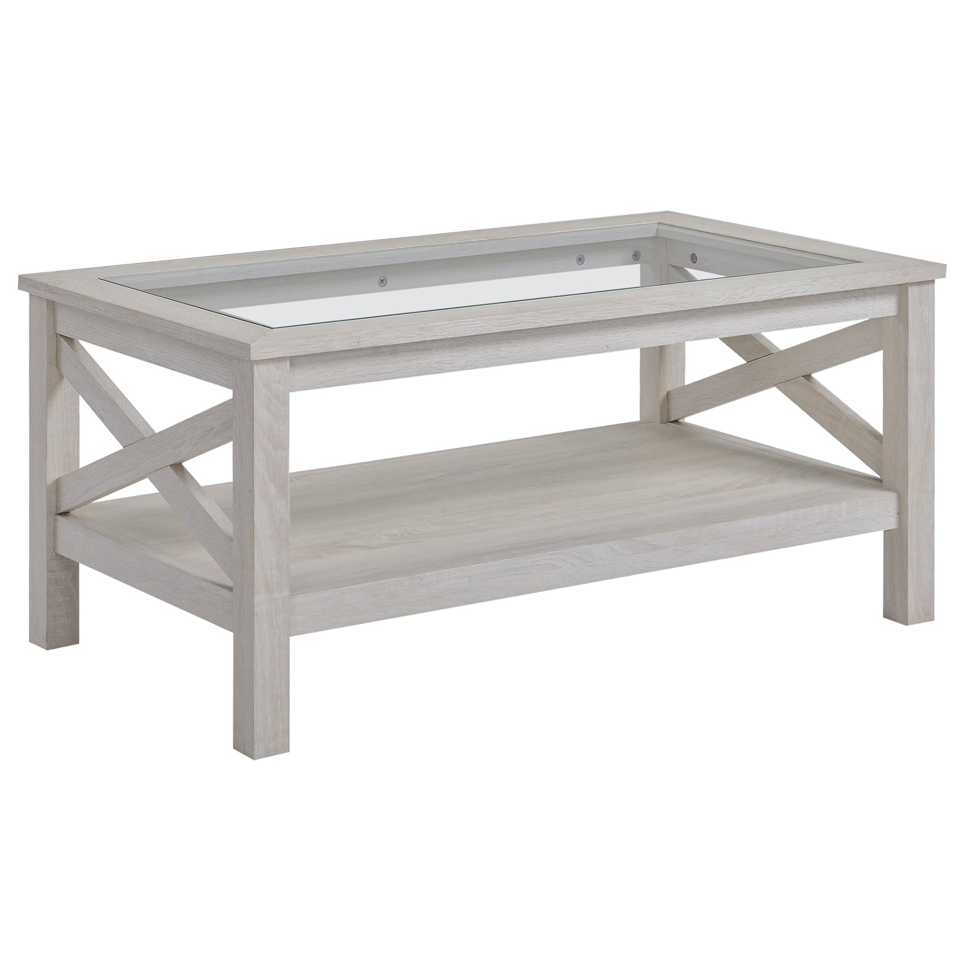 39.25'' L Coffee Table with Tempered Glass Tabletop & Underneath Storage Shelf, White Oak