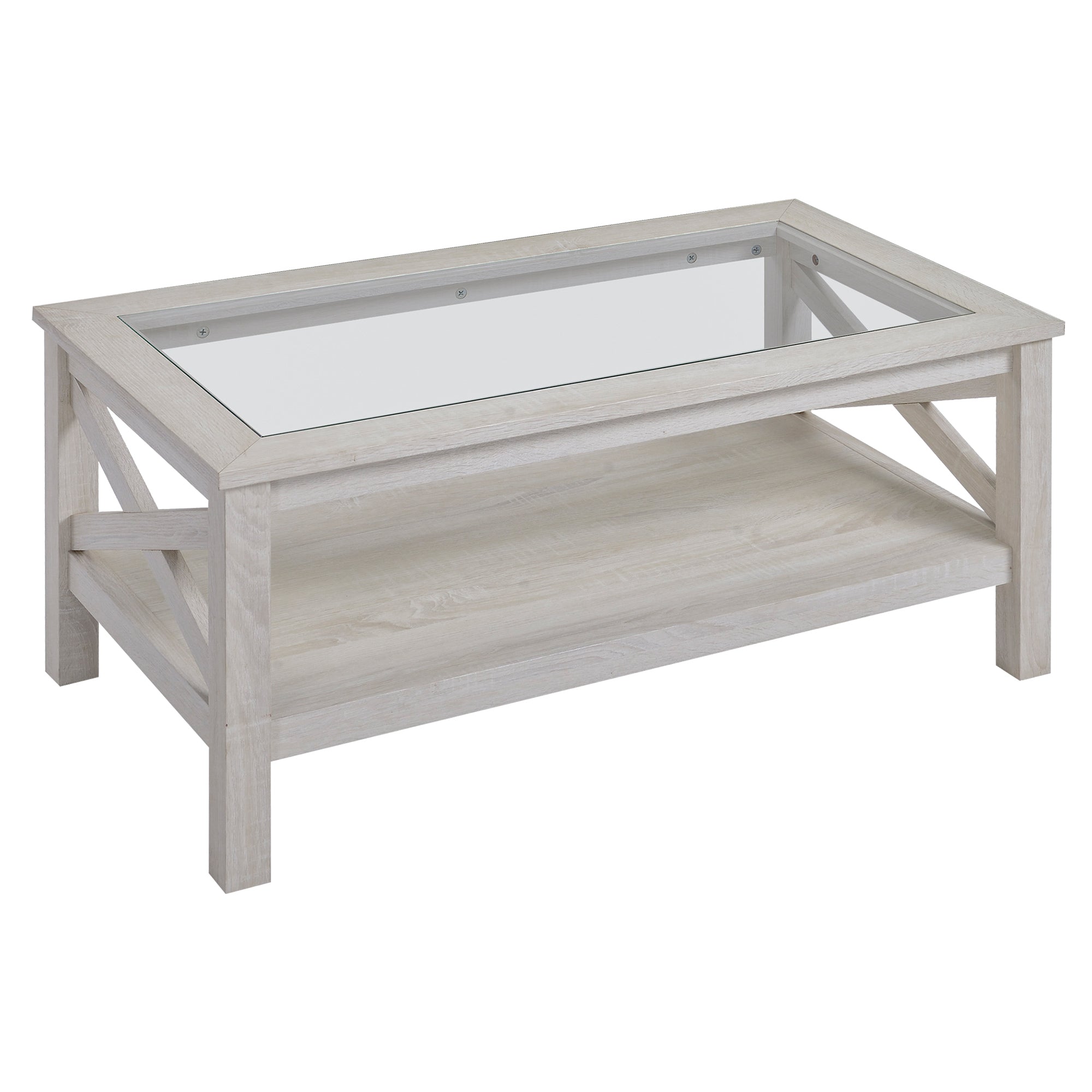 39.25'' L Coffee Table with Tempered Glass Tabletop & Underneath Storage Shelf, White Oak