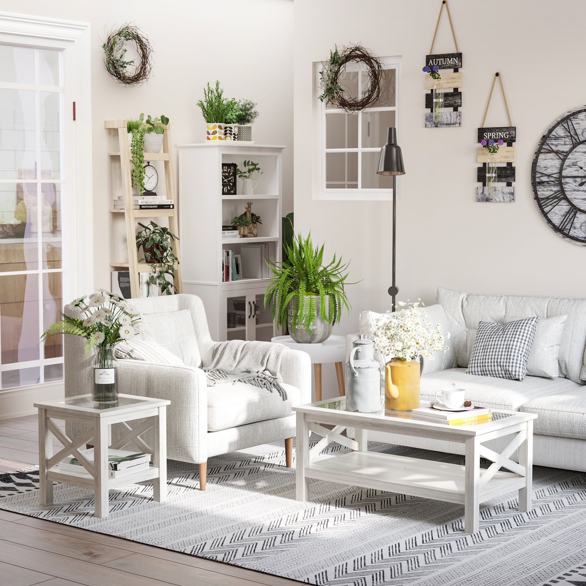 Coffee Table with Tempered Glass Tabletop, Living Room Table with Wood Frame and Underneath Storage Shelf