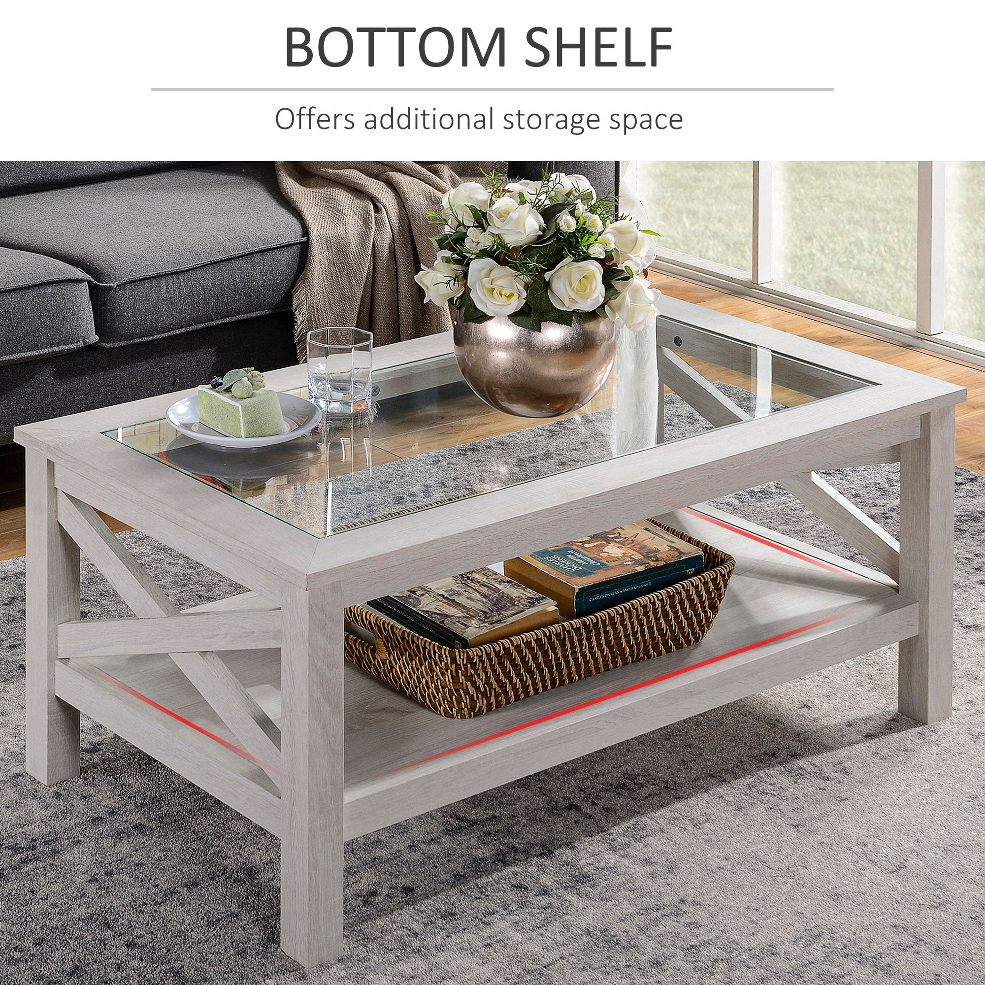 Coffee Table with Tempered Glass Tabletop, Living Room Table with Wood Frame and Underneath Storage Shelf