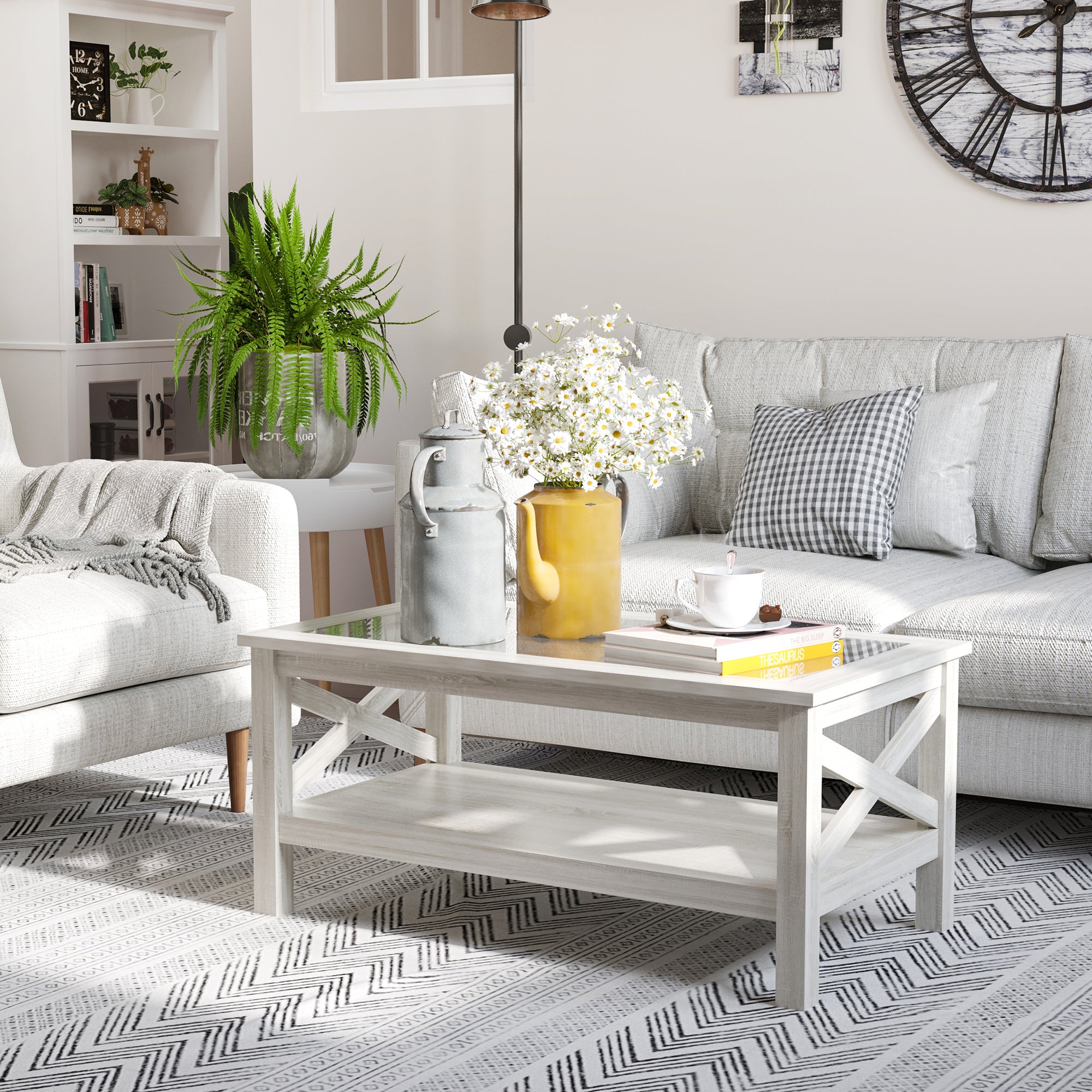 Coffee Table with Tempered Glass Tabletop, Living Room Table with Wood Frame and Underneath Storage Shelf