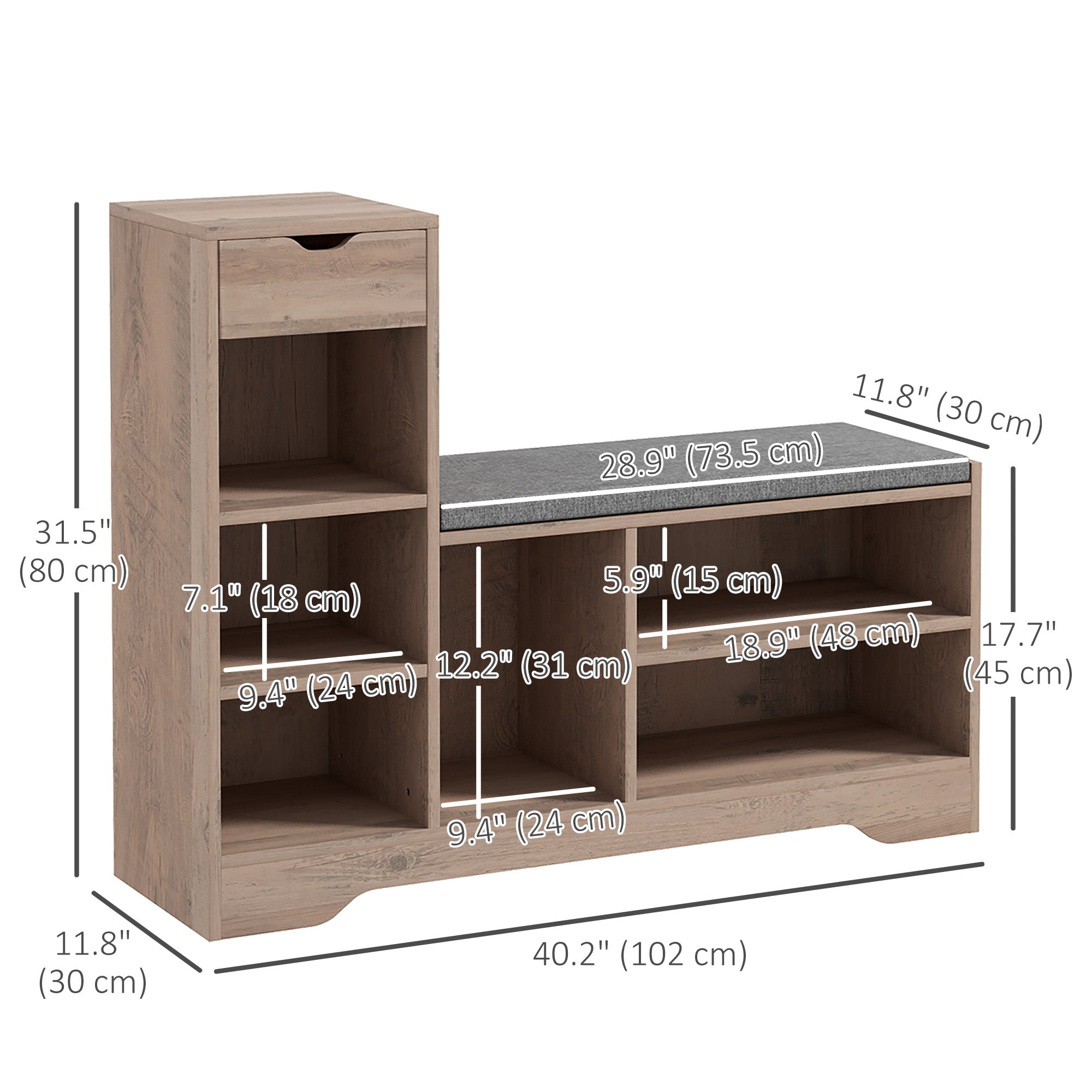 HOMCOM Shoe Bench with Seating Cushion, Entryway Bench with Adjustable Shelves, Drawer, 6 Open Compartments and Table Top for Hallway, Grey