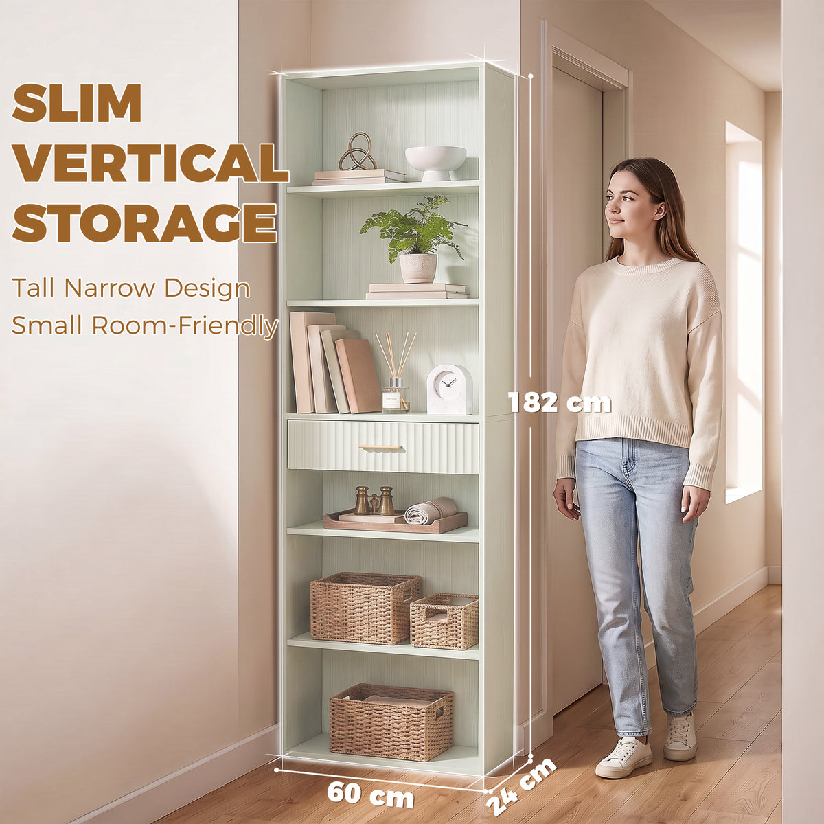 Tall Bookcase with Cubes, 7-Tier Bookshelf with Drawer, Freestanding Shelving Unit, 60 x 24 x 182 cm, Space-Saving for Study, Home Office, Living Room, Light Green