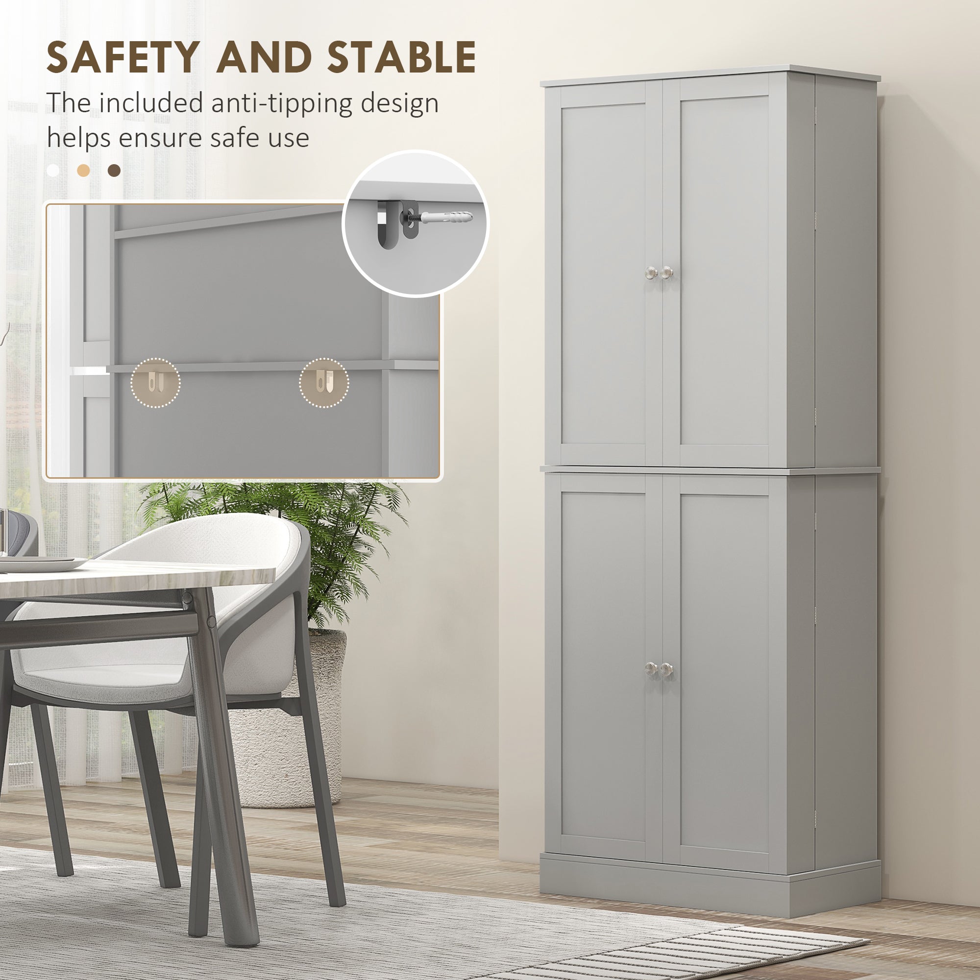 65" Kitchen Pantry Cabinet, Modern Kitchen Pantry with Doors and Shelves, Freestanding Buffet Storage Cabinet with Spice Racks for Dining Room, Grey