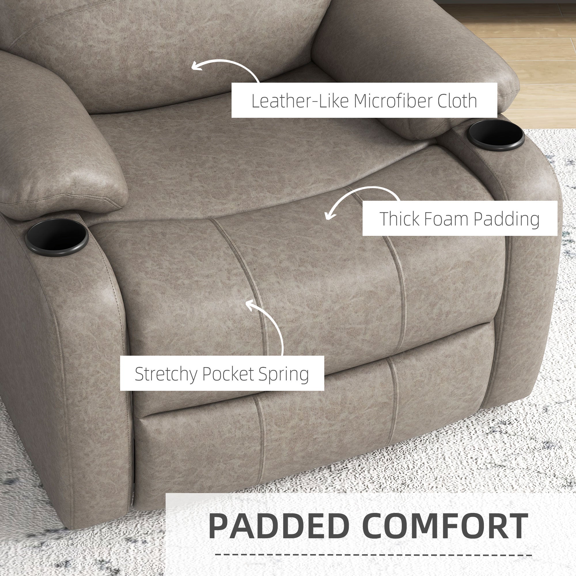 HOMCOM Recliner Chair, Microfibre Reclining Chair with Adjustable Leg Rest, Cup Holders, Recliner Armchair for Home Living Room, Brown