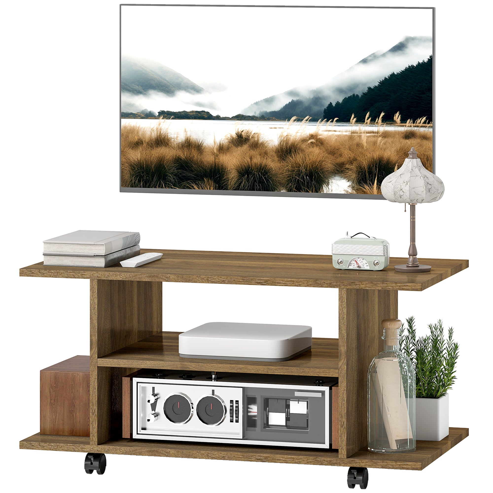 Modern TV Cabinet Stand Storage Shelves Table Mobile Bedroom Furniture Bookshelf Bookcase Walnut