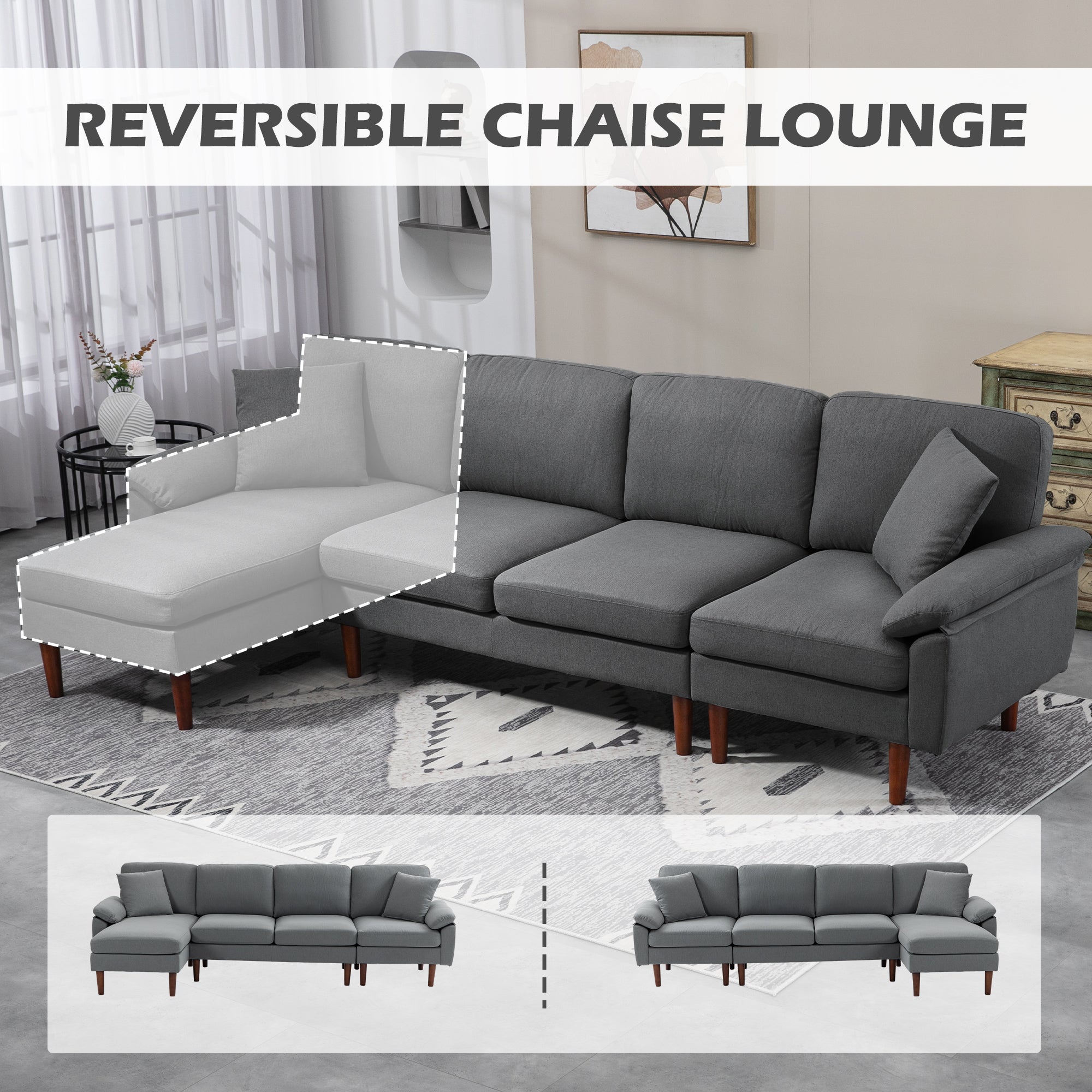 HOMCOM Changeable Sectional Sofa with Changeable Chaise Lounge, Modern Sectional Couch with Pillows, Wooden Legs, L-Shape Corner Sofa for Living Room, Dark Grey