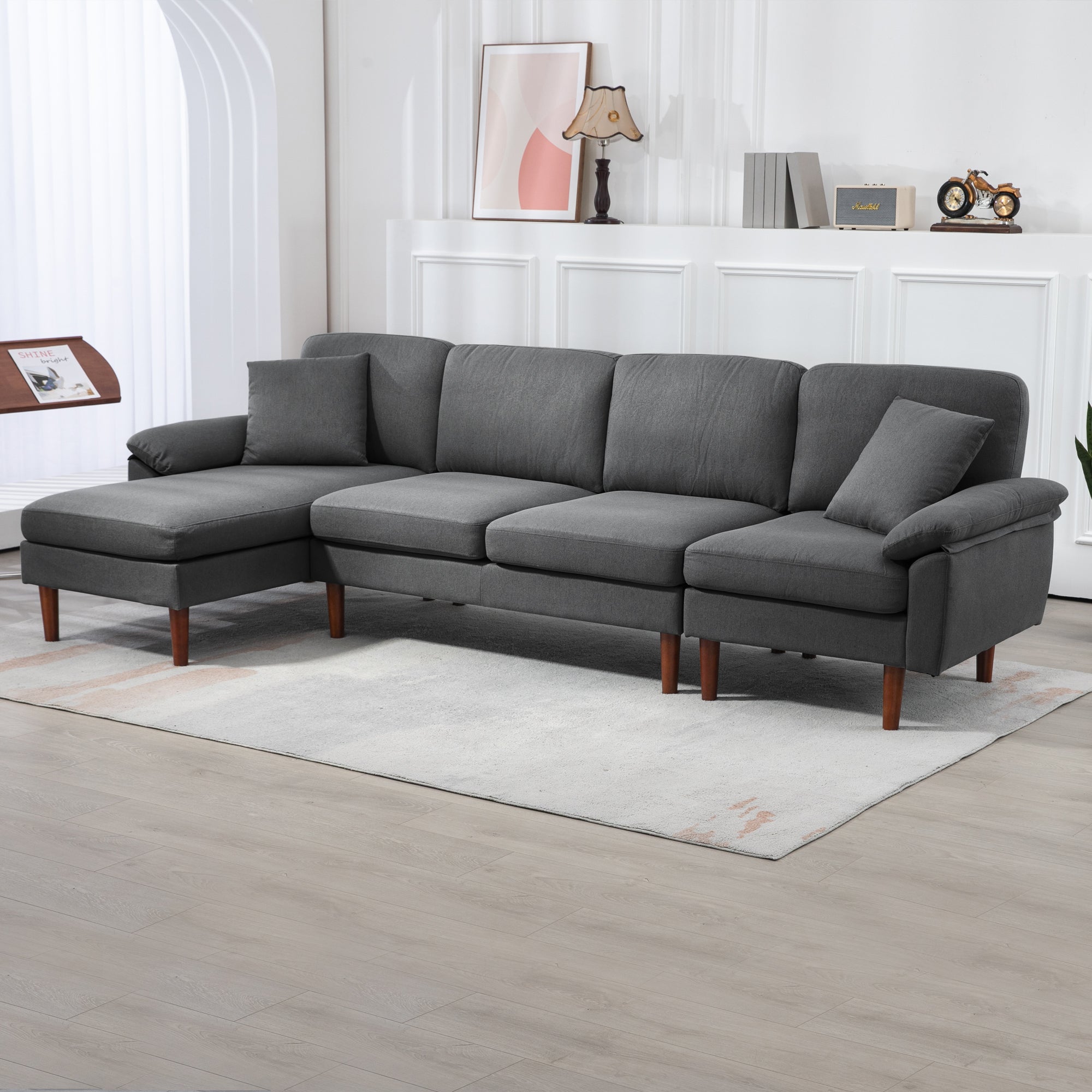 HOMCOM Changeable Sectional Sofa with Changeable Chaise Lounge, Modern Sectional Couch with Pillows, Wooden Legs, L-Shape Corner Sofa for Living Room, Dark Grey