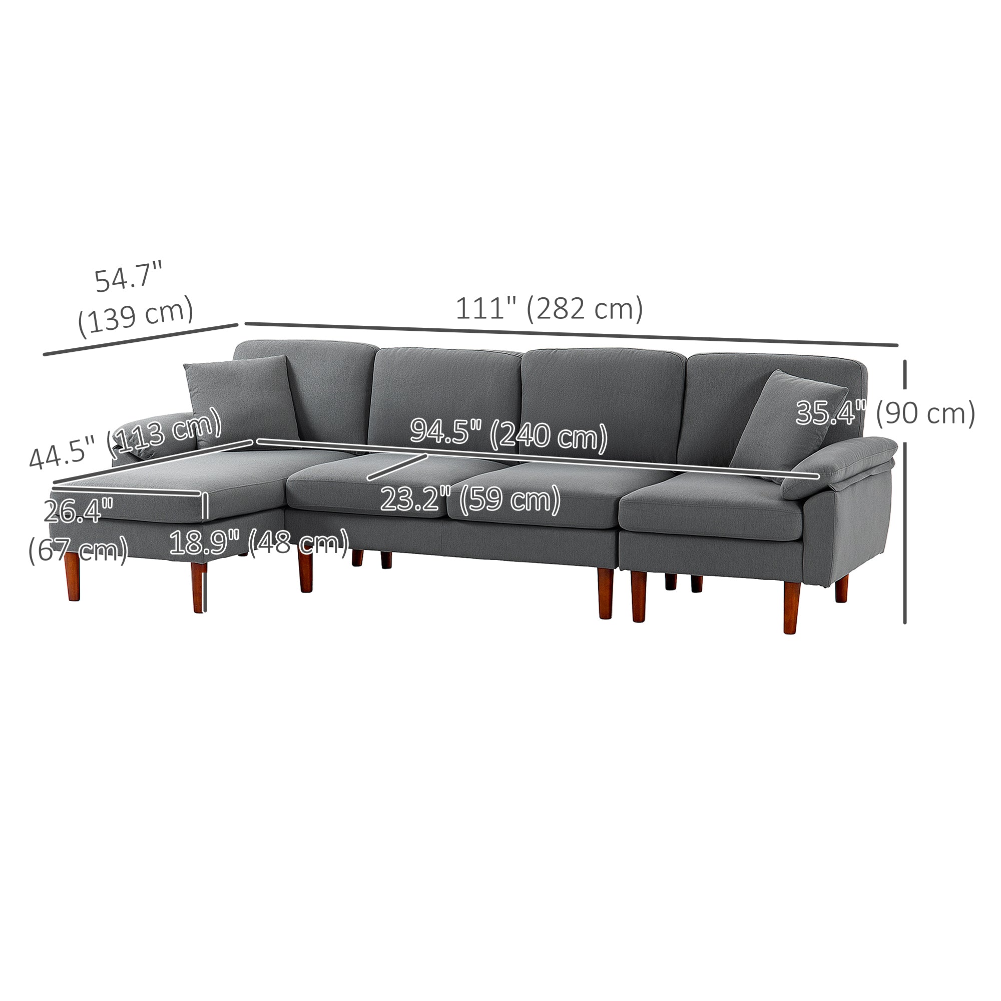 HOMCOM Changeable Sectional Sofa with Changeable Chaise Lounge, Modern Sectional Couch with Pillows, Wooden Legs, L-Shape Corner Sofa for Living Room, Dark Grey