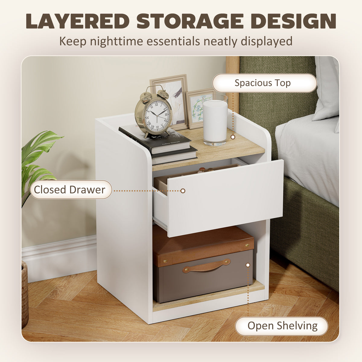 Modern Bedside Table, Slim Nightstand with Drawer, Shelf and Cable Holes, Bedside Cabinet for Bedroom, Living Room, White and Oak
