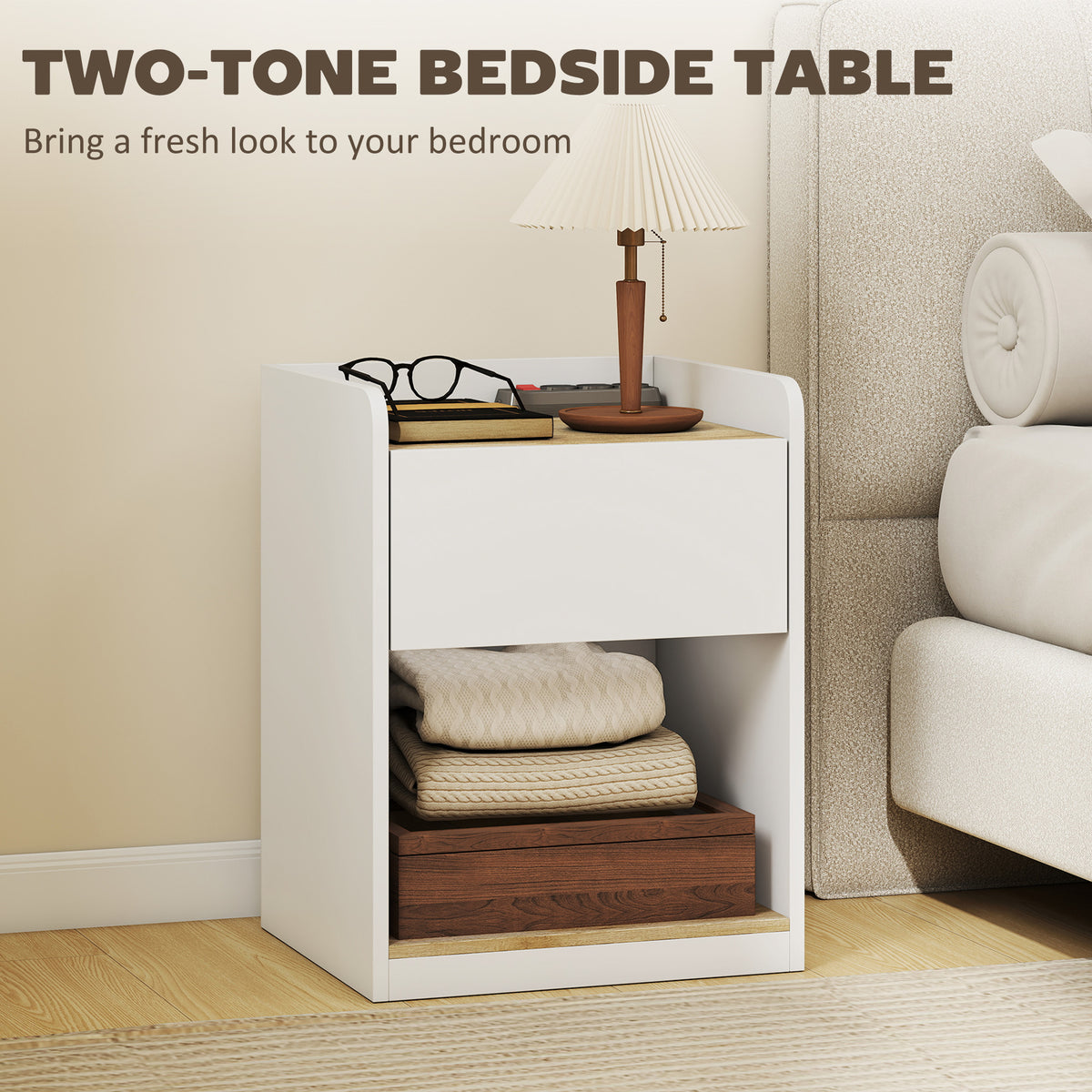 Modern Bedside Table, Slim Nightstand with Drawer, Shelf and Cable Holes, Bedside Cabinet for Bedroom, Living Room, White and Oak