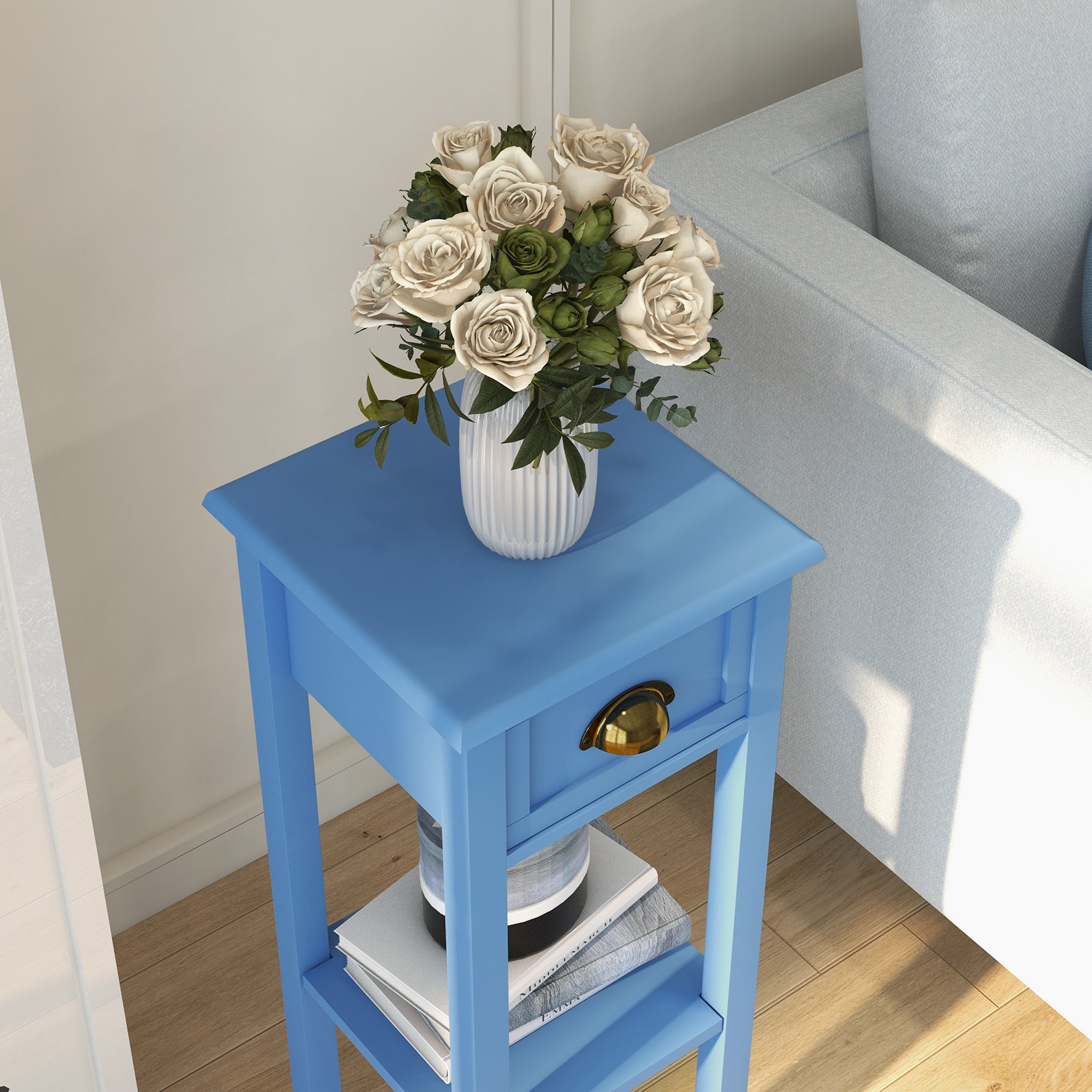 2 Tier Side Table with Drawer and Shelf End Table for Living Room and Hallway Light Blue