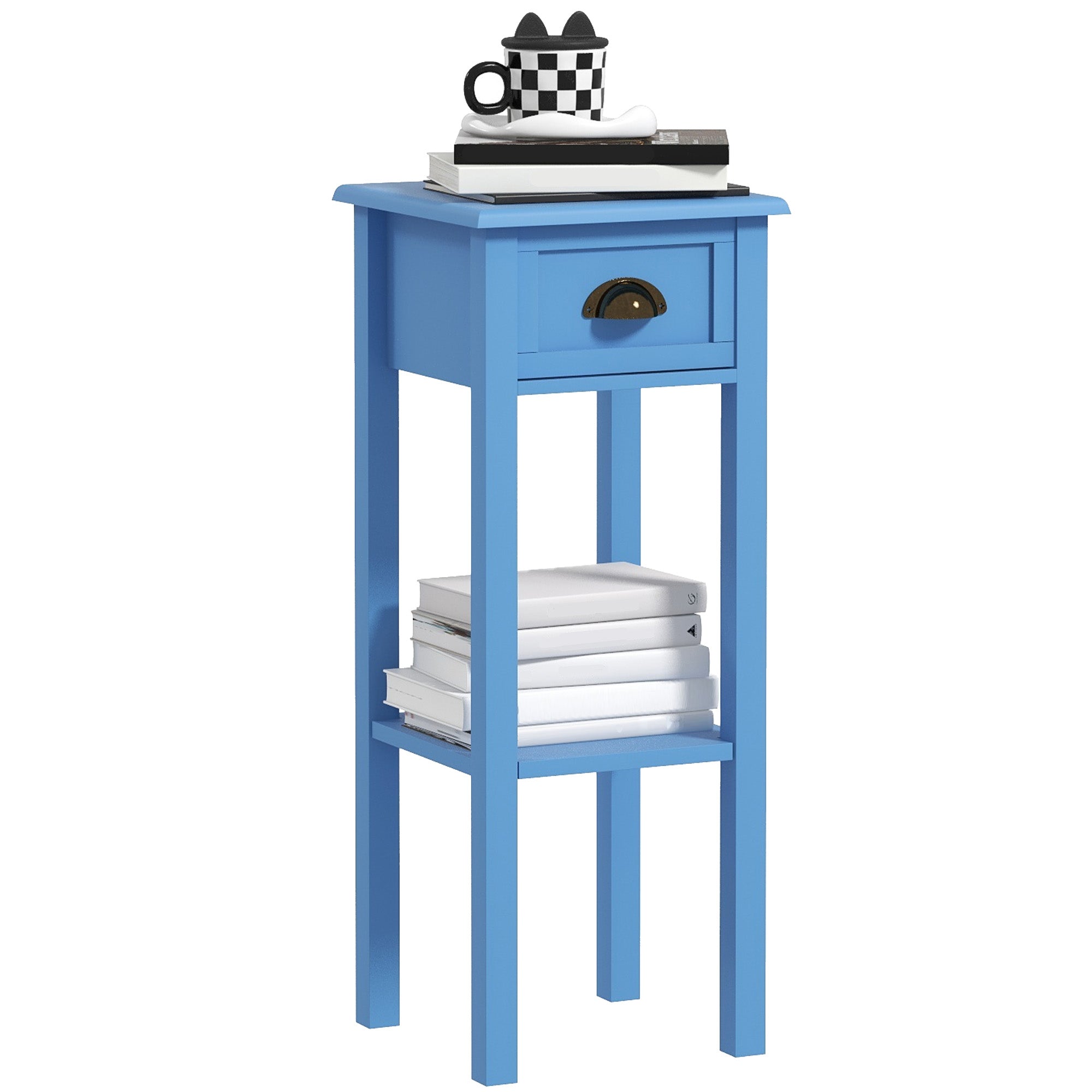 2 Tier Side Table with Drawer and Shelf End Table for Living Room and Hallway Light Blue