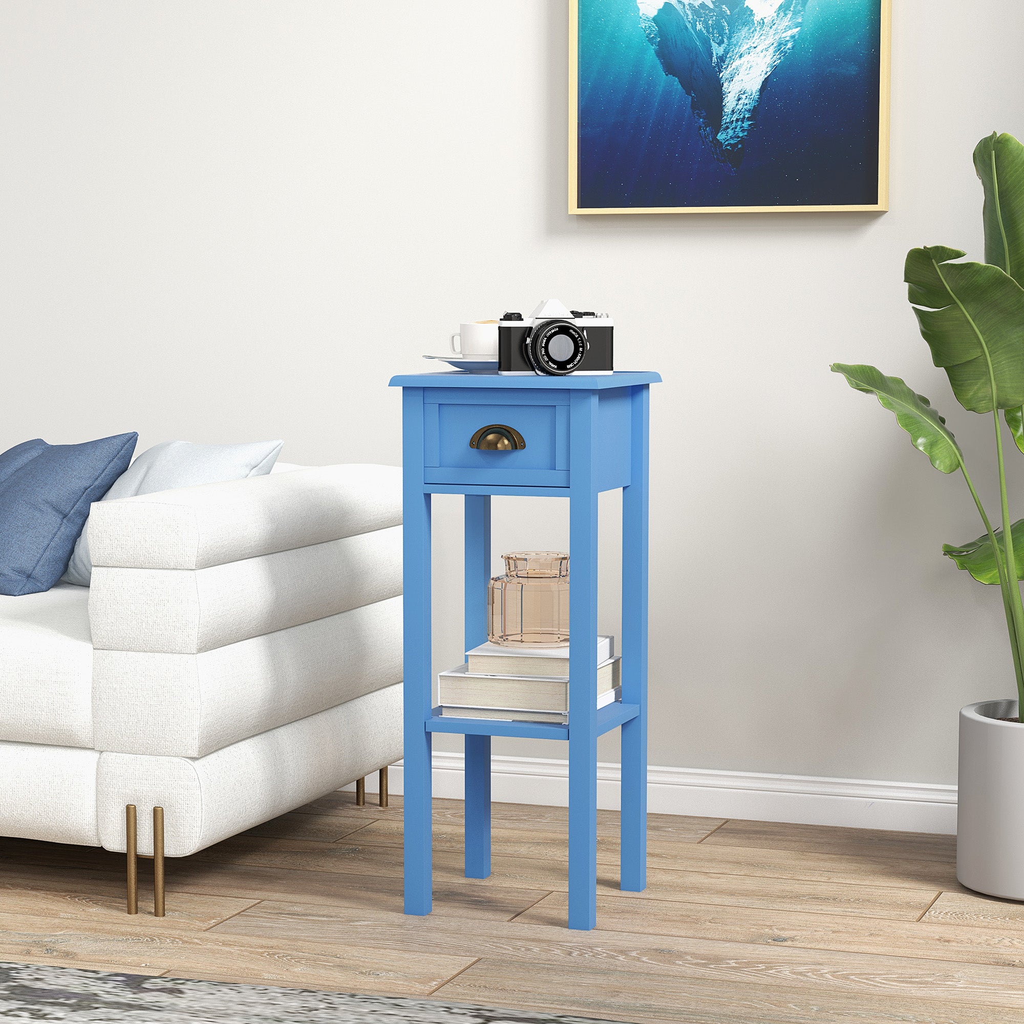 2 Tier Side Table with Drawer and Shelf End Table for Living Room and Hallway Light Blue