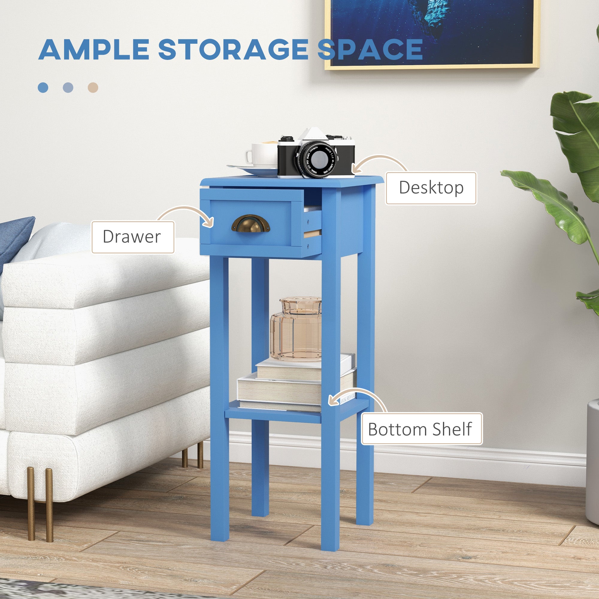 2 Tier Side Table with Drawer and Shelf End Table for Living Room and Hallway Light Blue