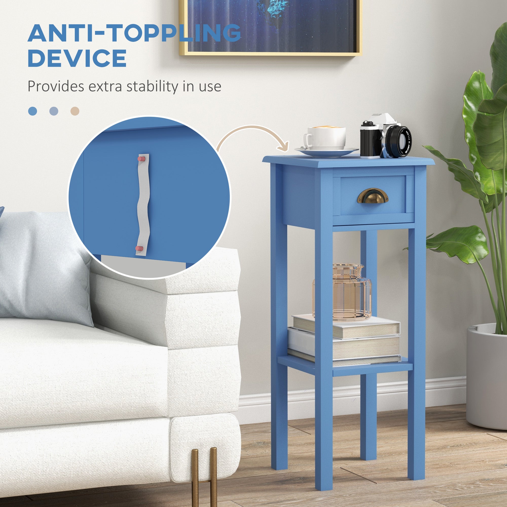 2 Tier Side Table with Drawer and Shelf End Table for Living Room and Hallway Light Blue