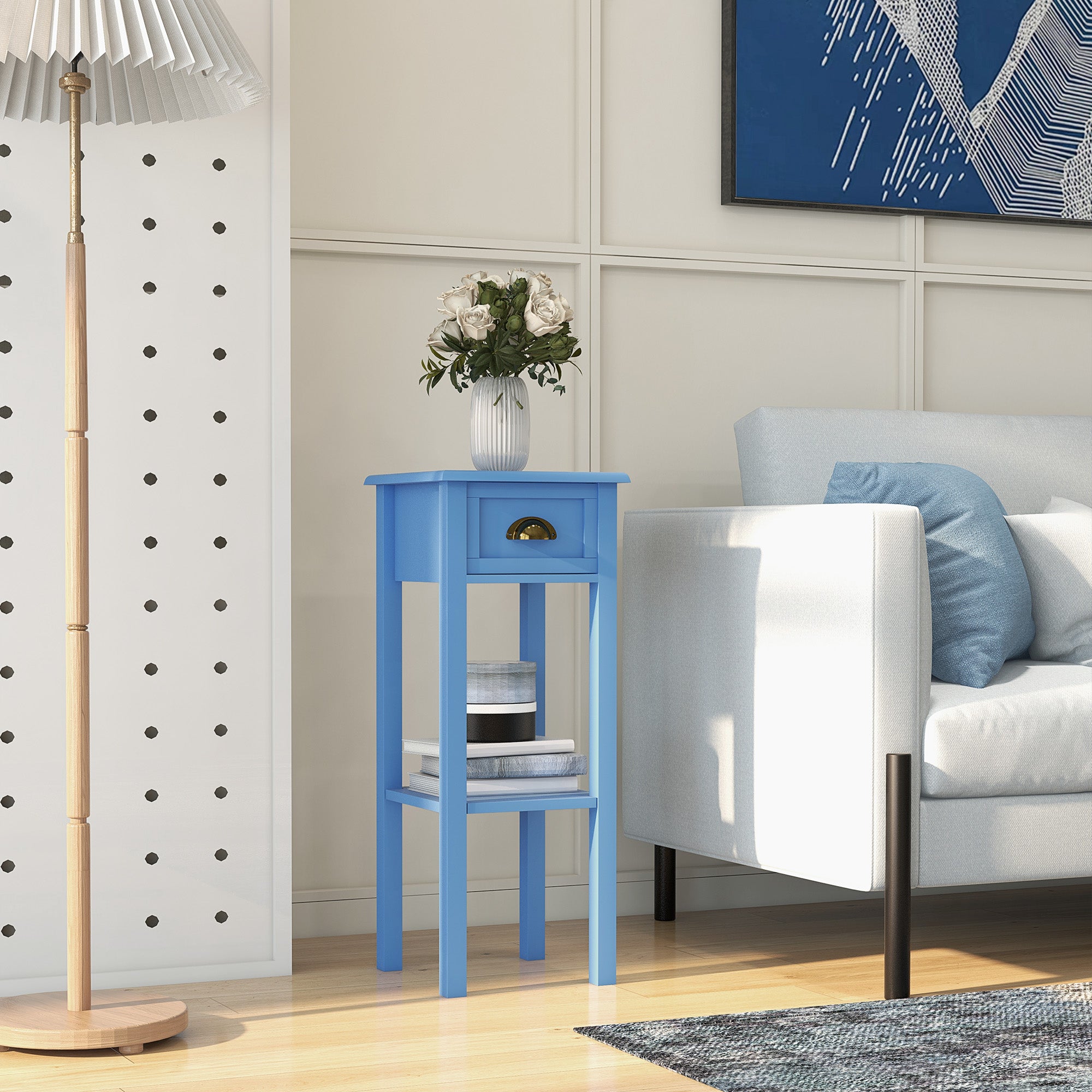 2 Tier Side Table with Drawer and Shelf End Table for Living Room and Hallway Light Blue