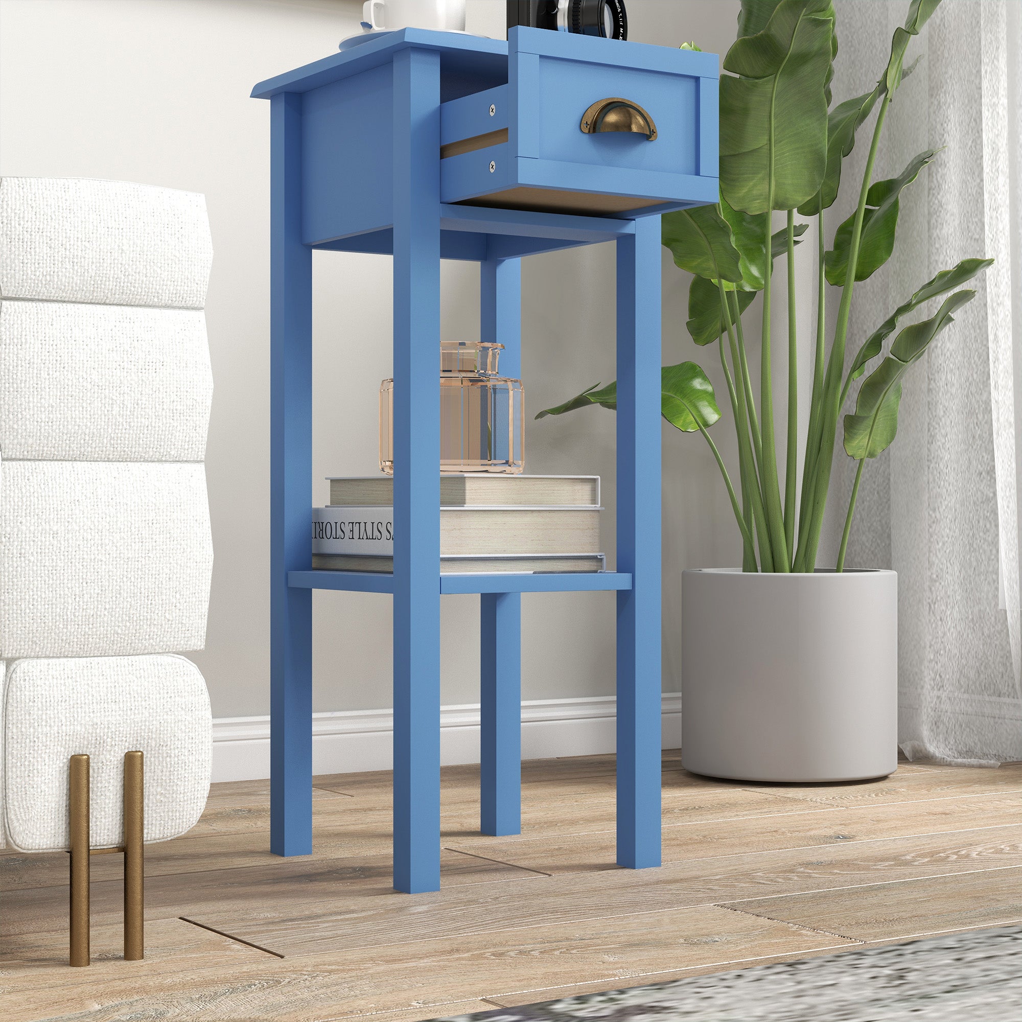 2 Tier Side Table with Drawer and Shelf End Table for Living Room and Hallway Light Blue