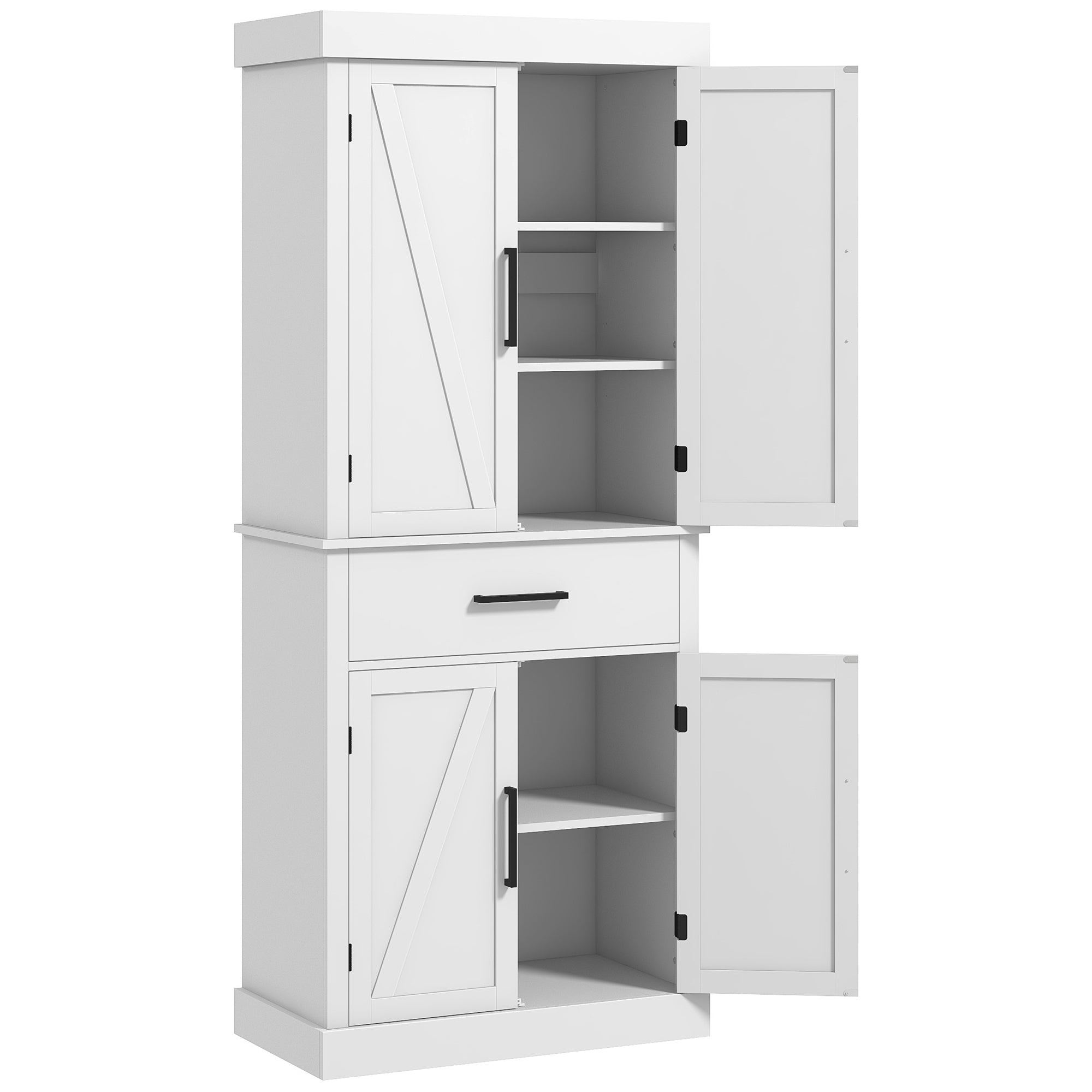 72" Tall Kitchen Cabinet, Kitchen Pantry Cabinet with Barn Doors, Drawer, 5-Tier Shelf and Adjustable Shelves, White