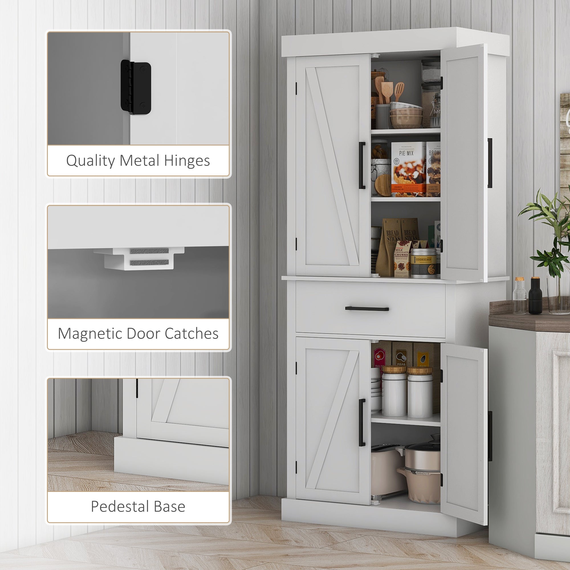 HOMCOM 72" Tall Kitchen Pantry Cabinet, Farmhouse Freestanding Storage Cabinet with Doors and Shelves, Kitchen Cabinet with Drawer and Adjustable Shelves, White