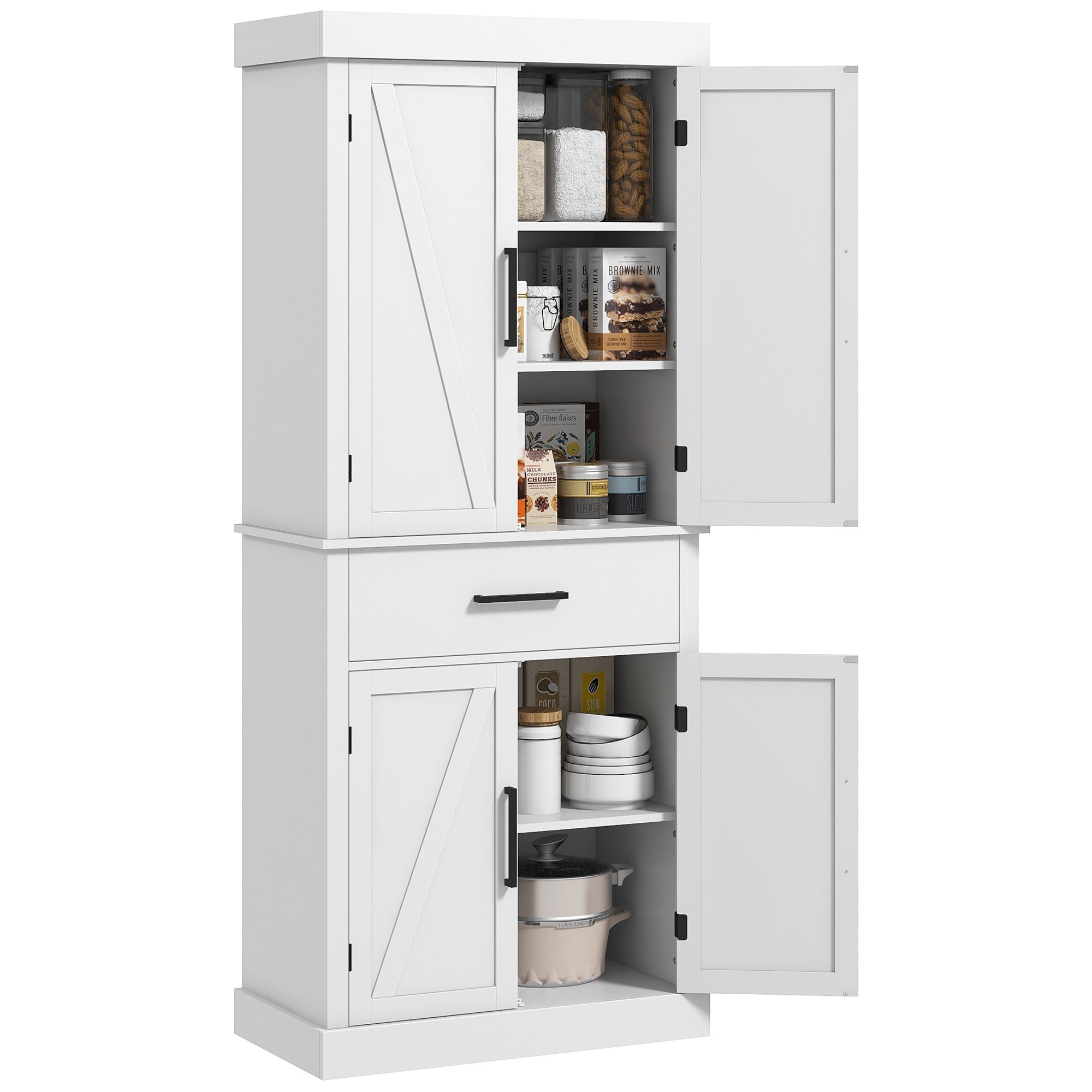 72" Tall Kitchen Cabinet, Kitchen Pantry Cabinet with Barn Doors, Drawer, 5-Tier Shelf and Adjustable Shelves, White