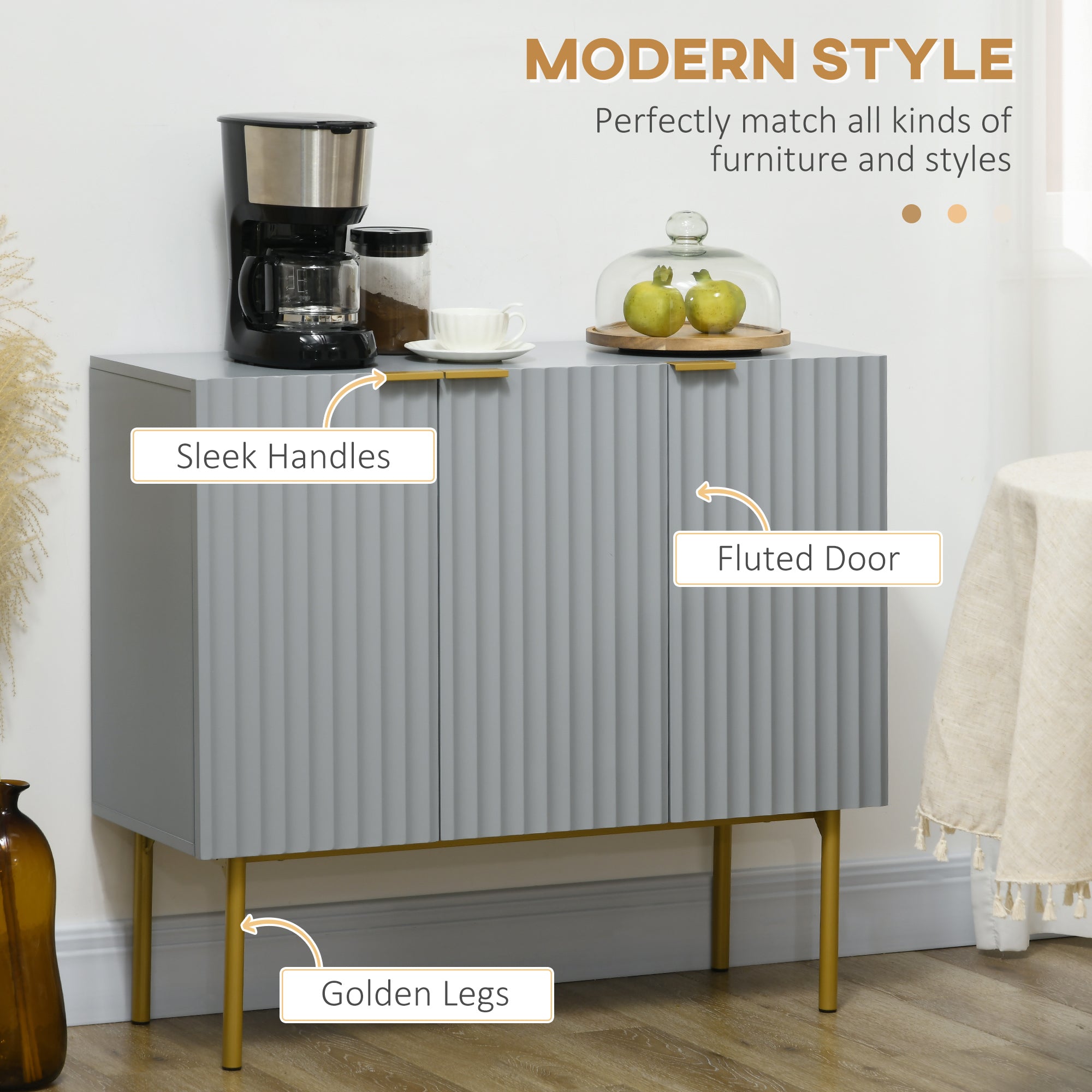 HOMCOM Accent Cabinet, Sideboard Buffet Cabinet, Modern Storage Cabinet with Gold Legs, Soft Close, Adjustable Shelves, Grey