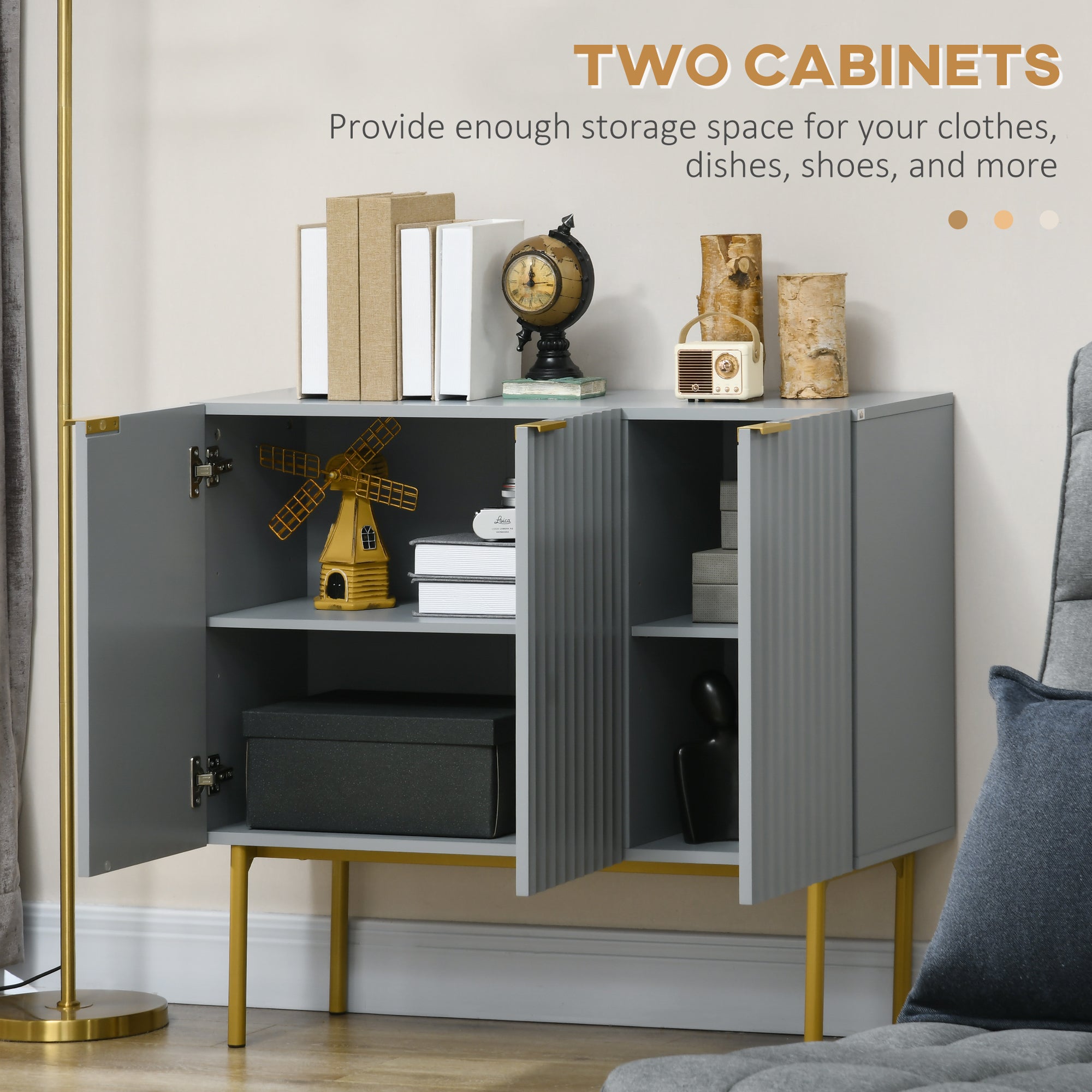 HOMCOM Accent Cabinet, Sideboard Buffet Cabinet, Modern Storage Cabinet with Gold Legs, Soft Close, Adjustable Shelves, Grey