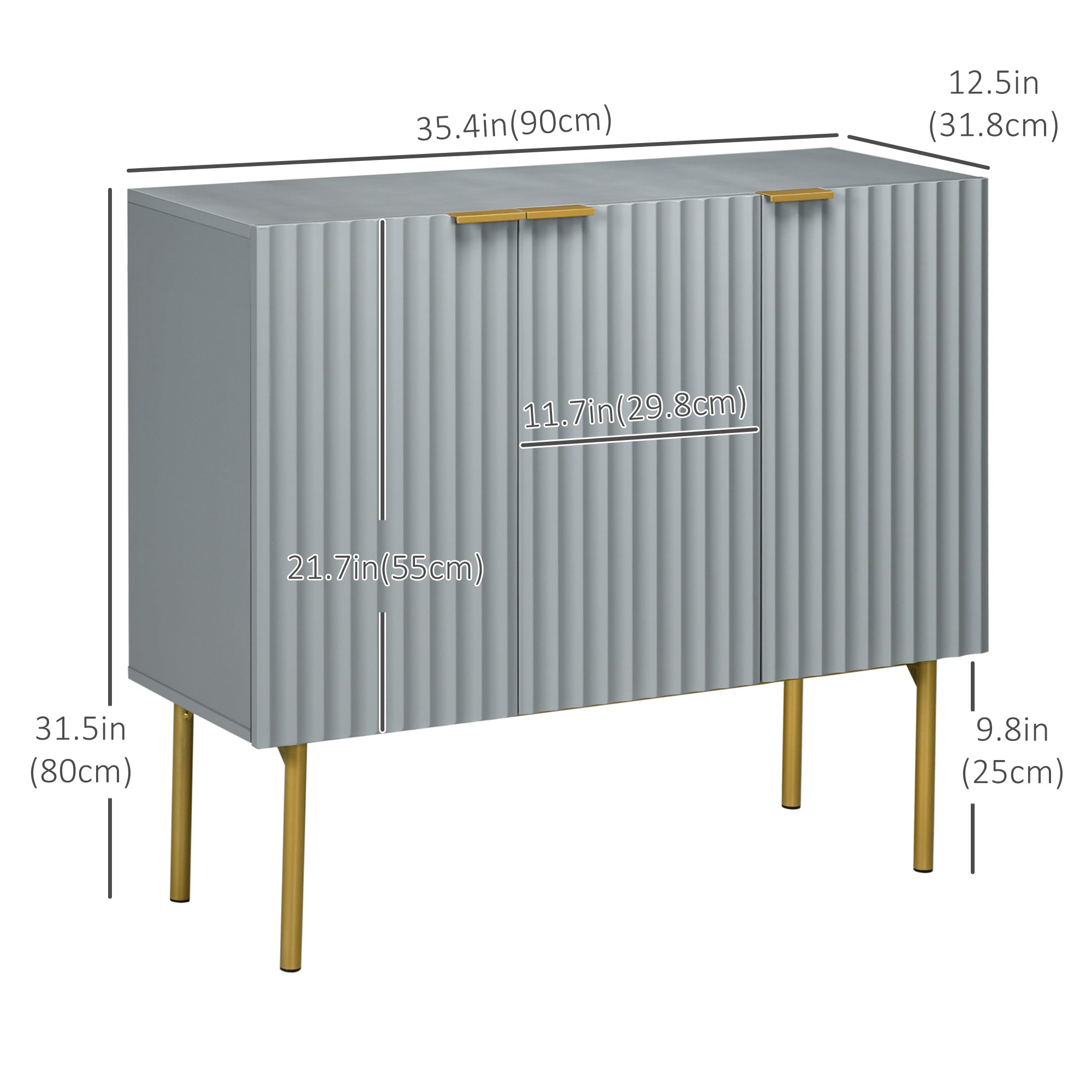 HOMCOM Accent Cabinet, Sideboard Buffet Cabinet, Modern Storage Cabinet with Gold Legs, Soft Close, Adjustable Shelves, Grey