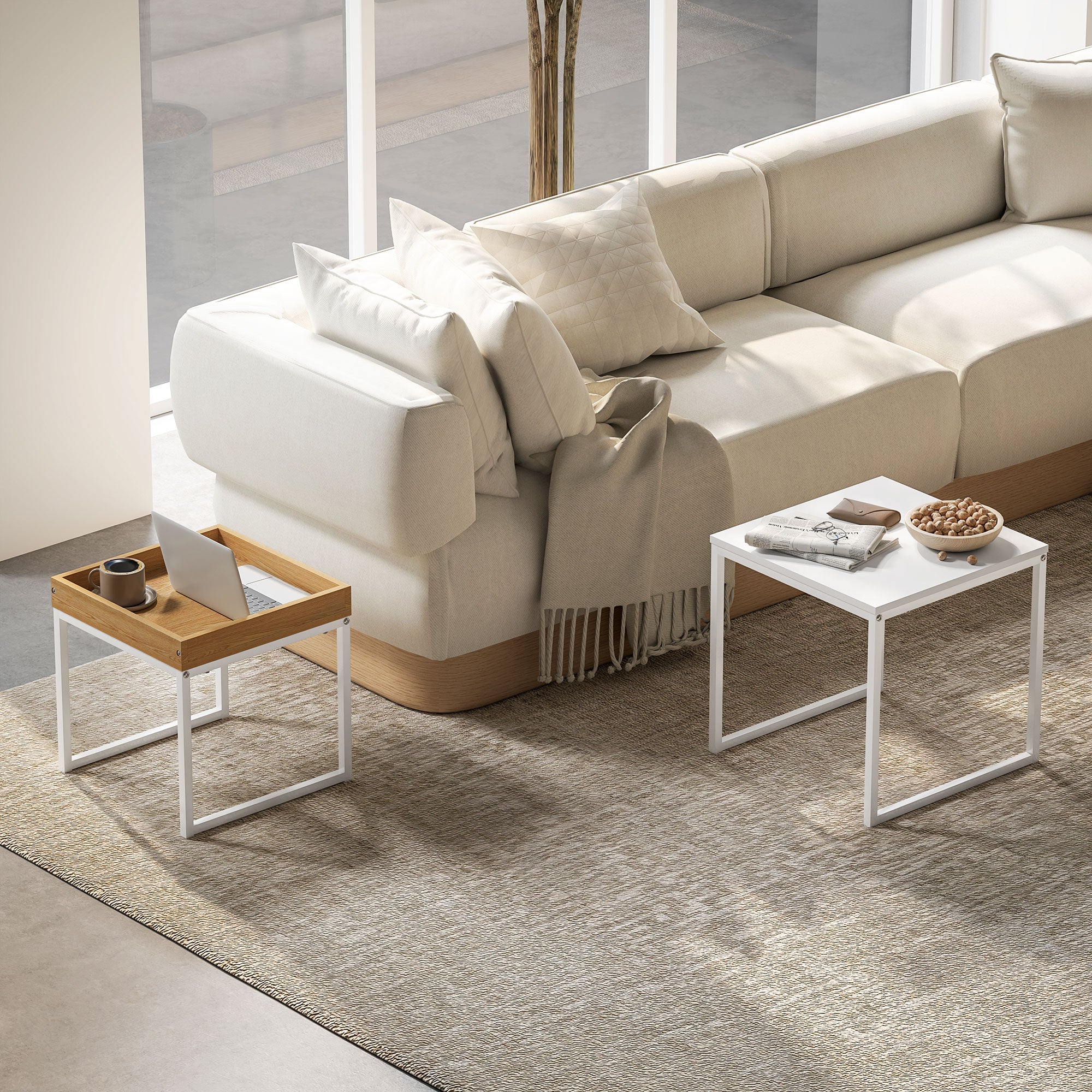 HOMCOM Nesting Coffee Table Set of 2, Modern Nest of Tables, Square Sofa Side Tables with Steel Frame for Living Room, Bedroom, Small Space, White