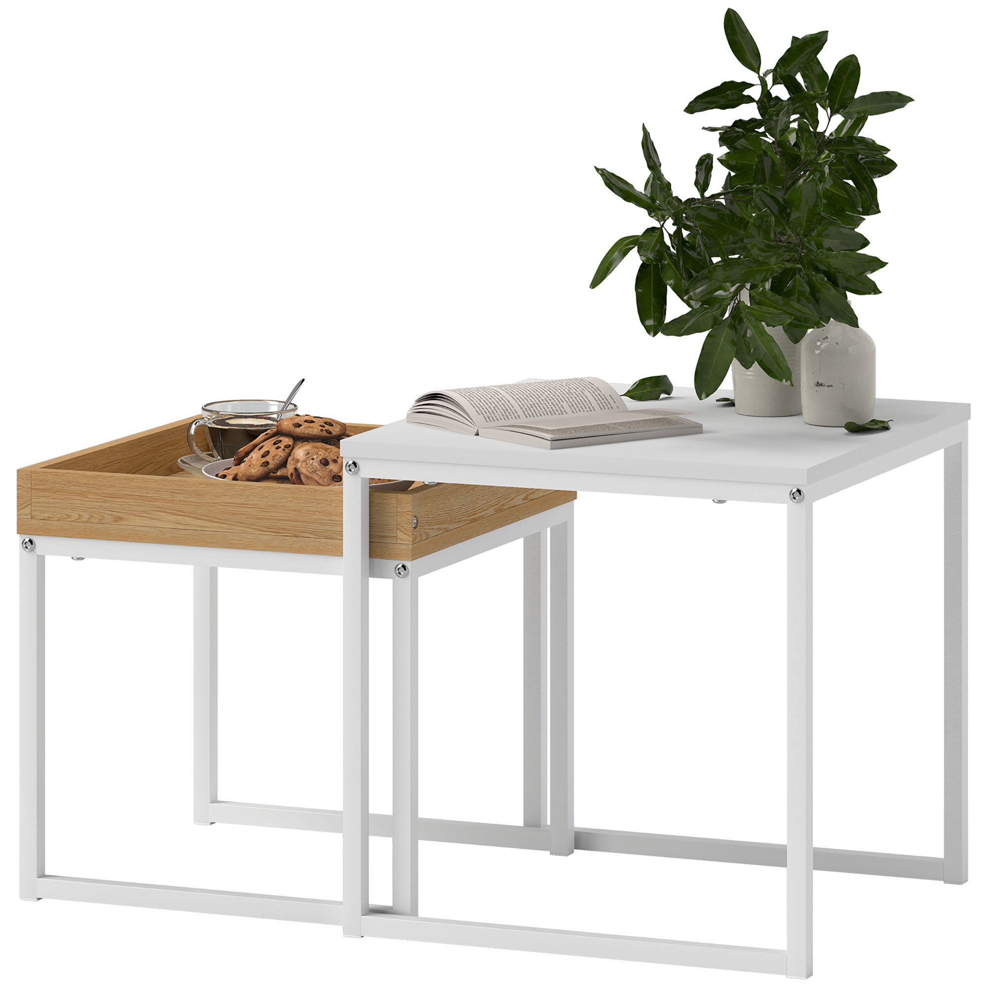 HOMCOM Nesting Coffee Table Set of 2, Modern Nest of Tables, Square Sofa Side Tables with Steel Frame for Living Room, Bedroom, Small Space, White