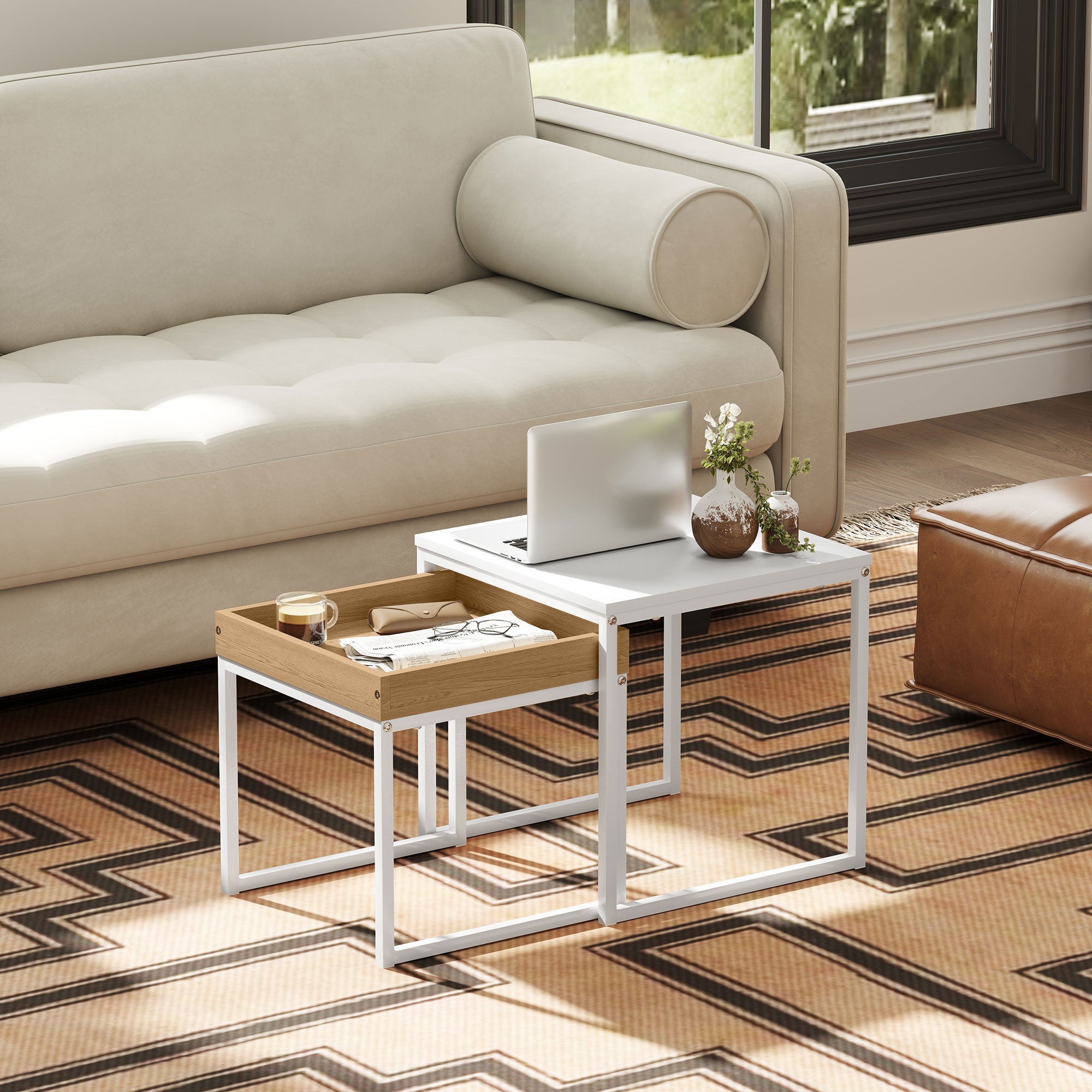 HOMCOM Nesting Coffee Table Set of 2, Modern Nest of Tables, Square Sofa Side Tables with Steel Frame for Living Room, Bedroom, Small Space, White