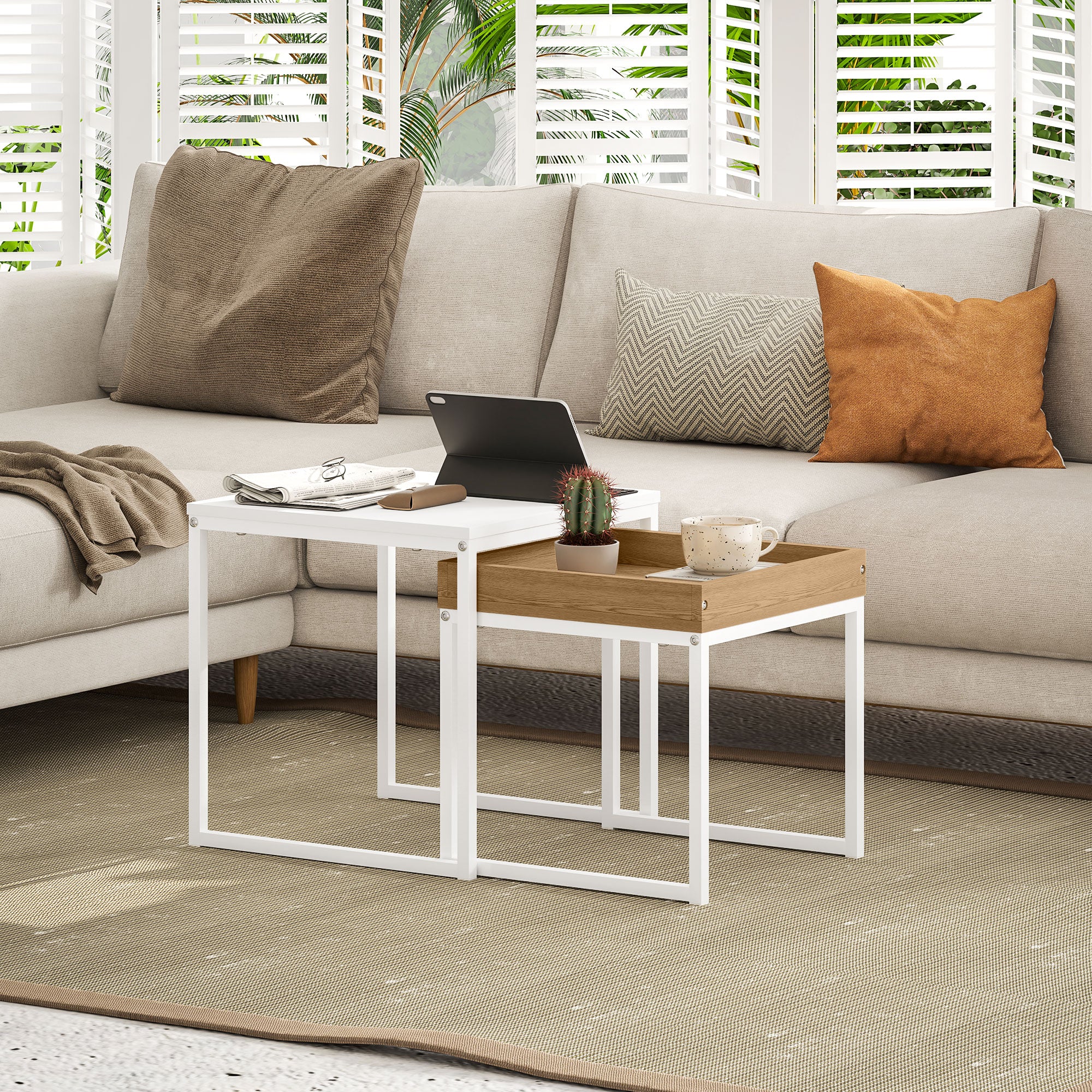 HOMCOM Nesting Coffee Table Set of 2, Modern Nest of Tables, Square Sofa Side Tables with Steel Frame for Living Room, Bedroom, Small Space, White