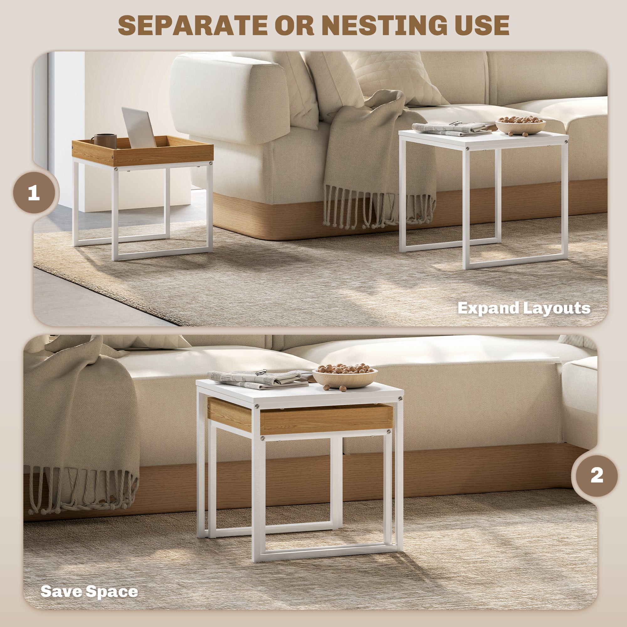 HOMCOM Nesting Coffee Table Set of 2, Modern Nest of Tables, Square Sofa Side Tables with Steel Frame for Living Room, Bedroom, Small Space, White