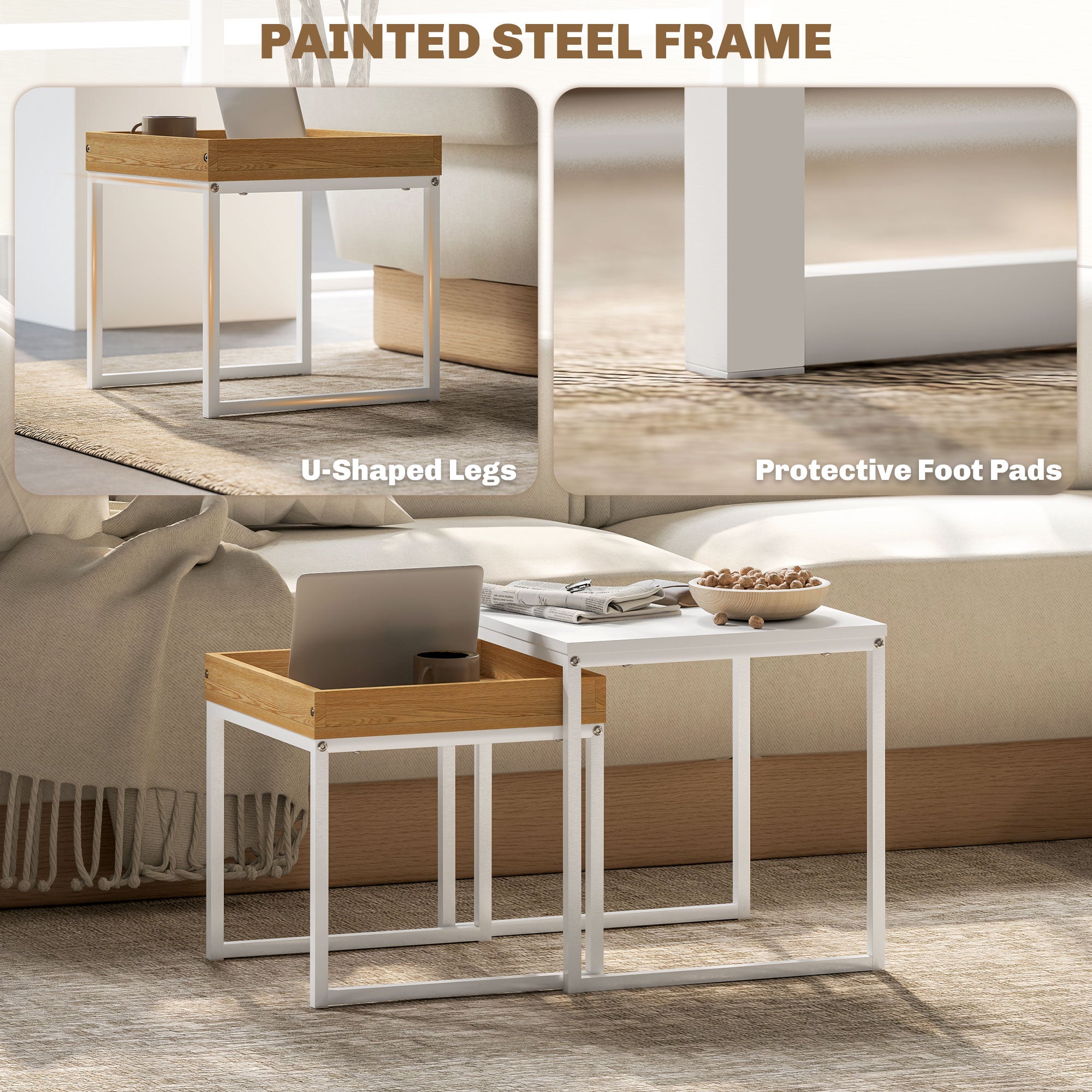 HOMCOM Nesting Coffee Table Set of 2, Modern Nest of Tables, Square Sofa Side Tables with Steel Frame for Living Room, Bedroom, Small Space, White