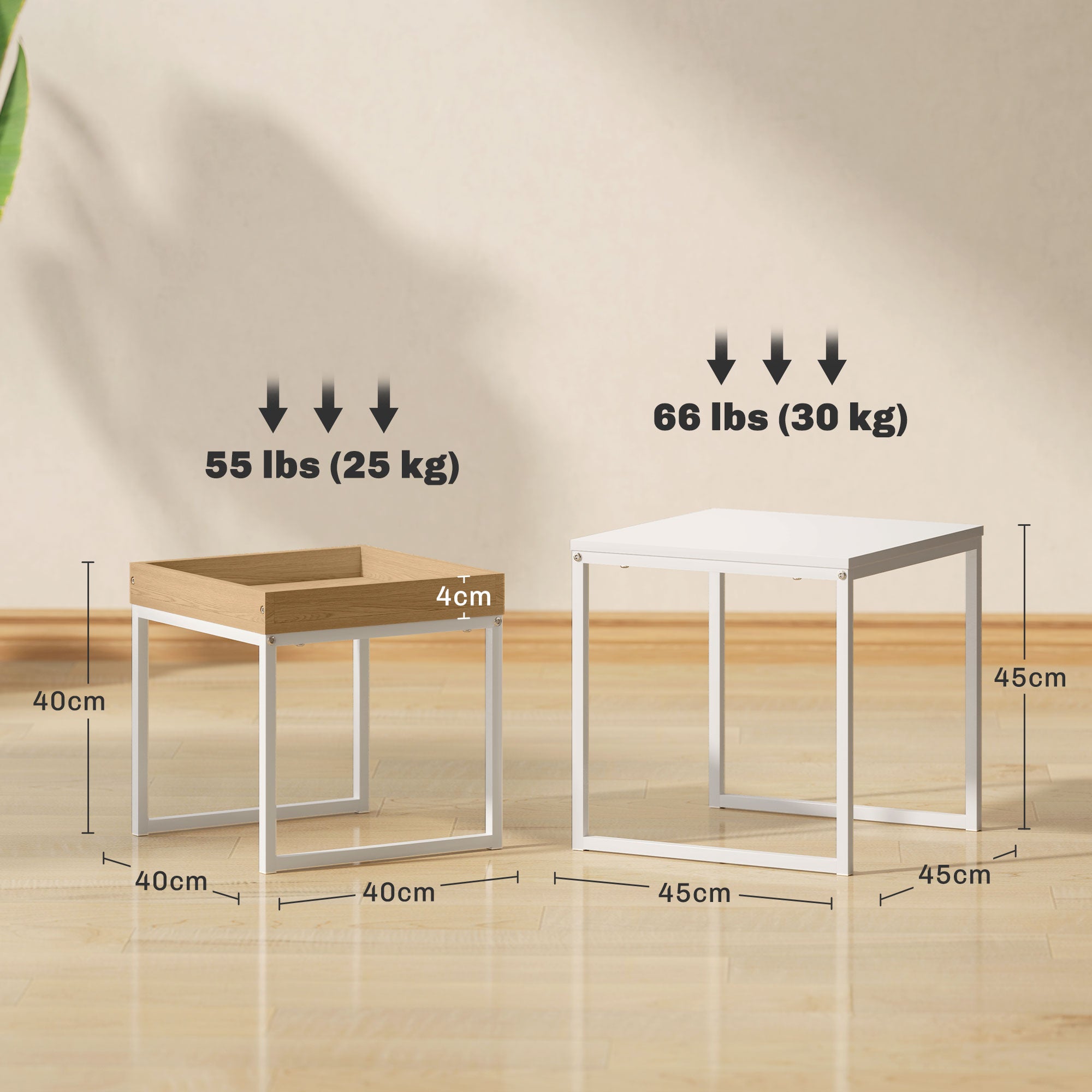 HOMCOM Nesting Coffee Table Set of 2, Modern Nest of Tables, Square Sofa Side Tables with Steel Frame for Living Room, Bedroom, Small Space, White