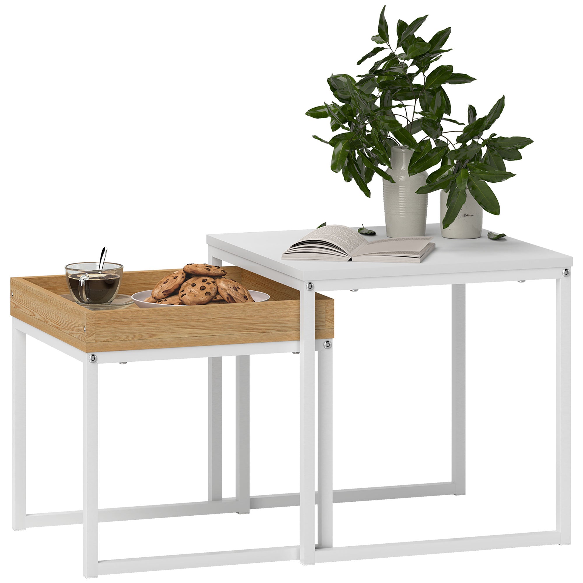HOMCOM Nesting Coffee Table Set of 2, Modern Nest of Tables, Square Sofa Side Tables with Steel Frame for Living Room, Bedroom, Small Space, White