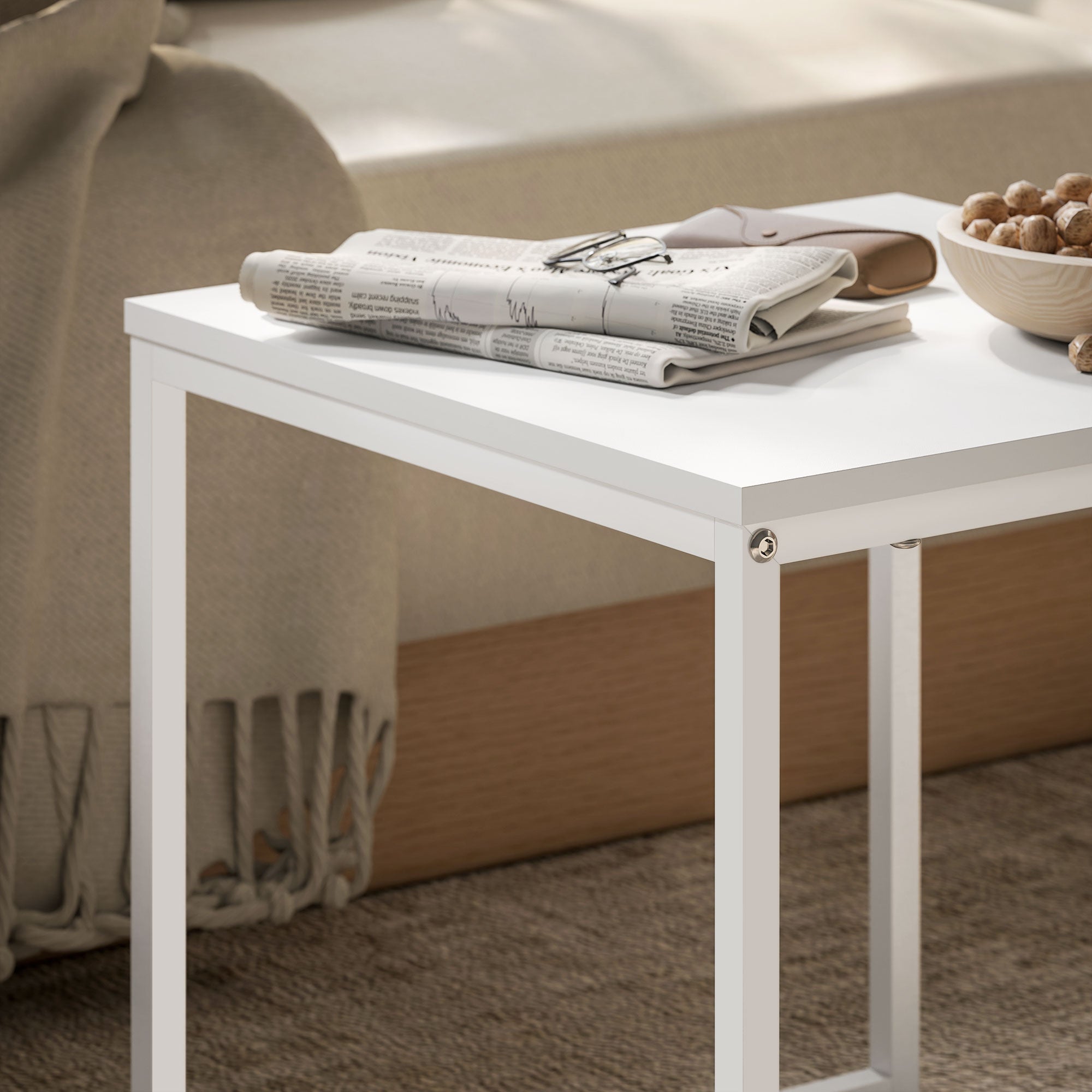 HOMCOM Nesting Coffee Table Set of 2, Modern Nest of Tables, Square Sofa Side Tables with Steel Frame for Living Room, Bedroom, Small Space, White