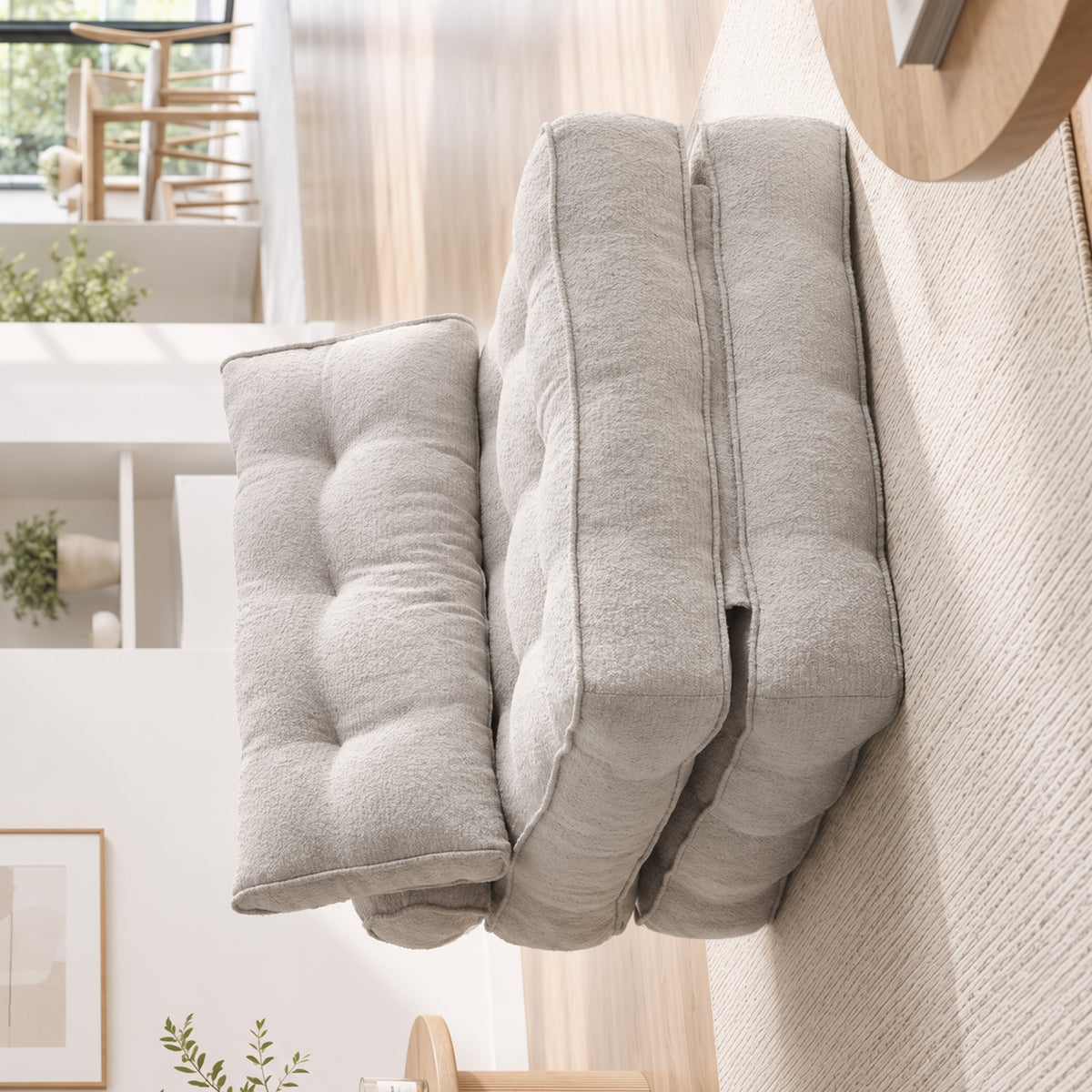 Folding Sofa Bed, Boneless Cloud Linen Sleeper Chair Bed, 3-in-1 Convertible Floor Sofa with Thick Supportive Cushion, Pillows for Living Room, Bedroom, Beige Grey