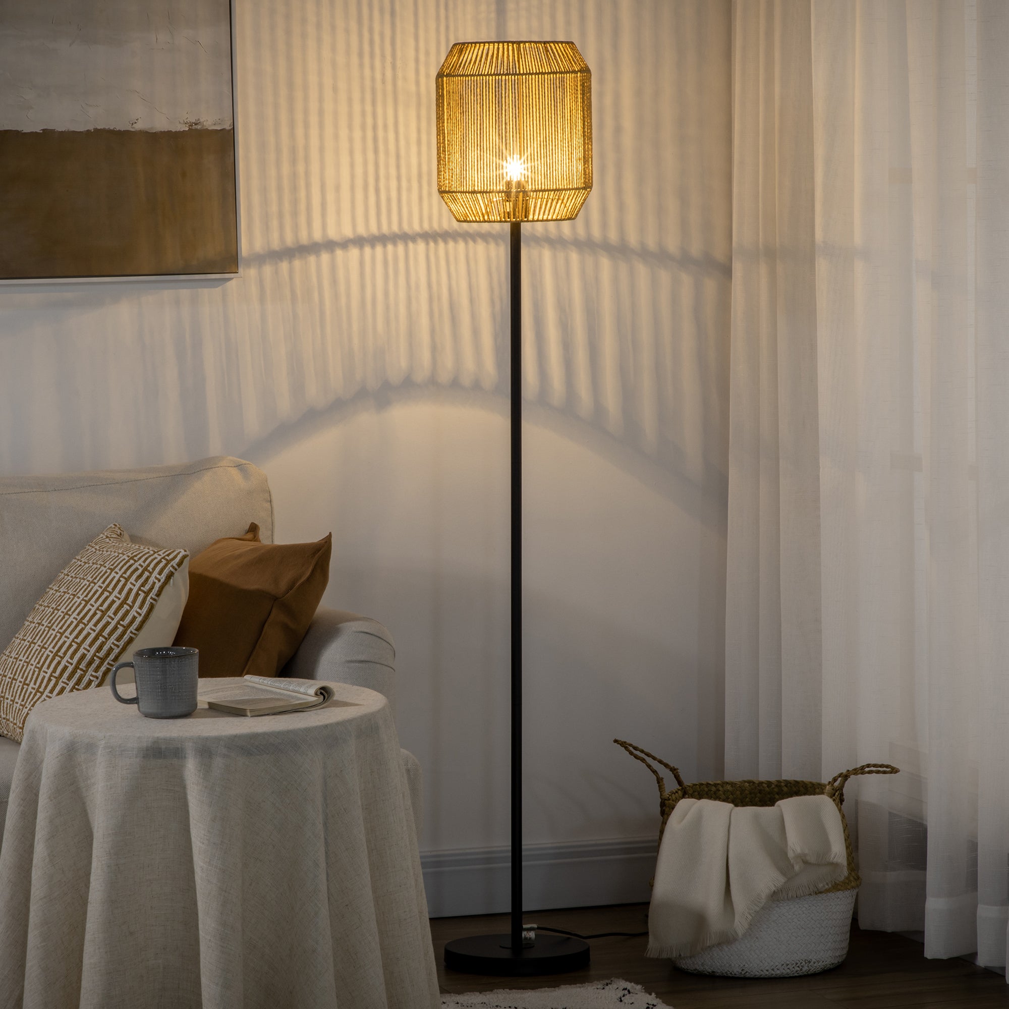 HOMCOM Farmhouse Wicker Floor Lamp, Standing Lamp with Hand Woven Rattan Lampshade, Lamps for Living Room, Bedroom, Bulb not Included, Natural
