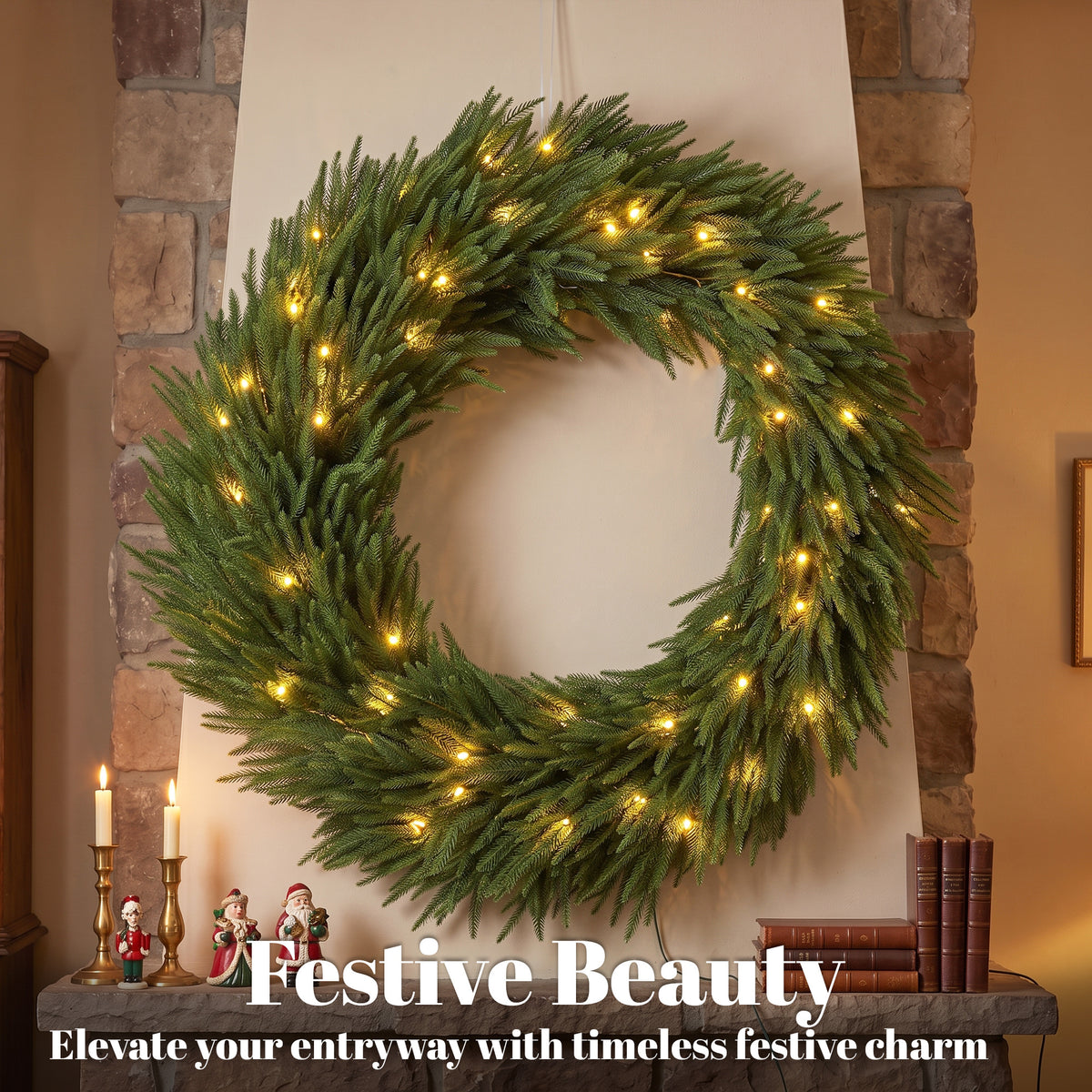36 in Pre-Lit Norfolk Pine Artificial Christmas Wreath, Christmas Decoration with 100 LED Lights, 560 Branch Tips, All-PE Leaves for Door, Indoor Covered Outdoor, Green